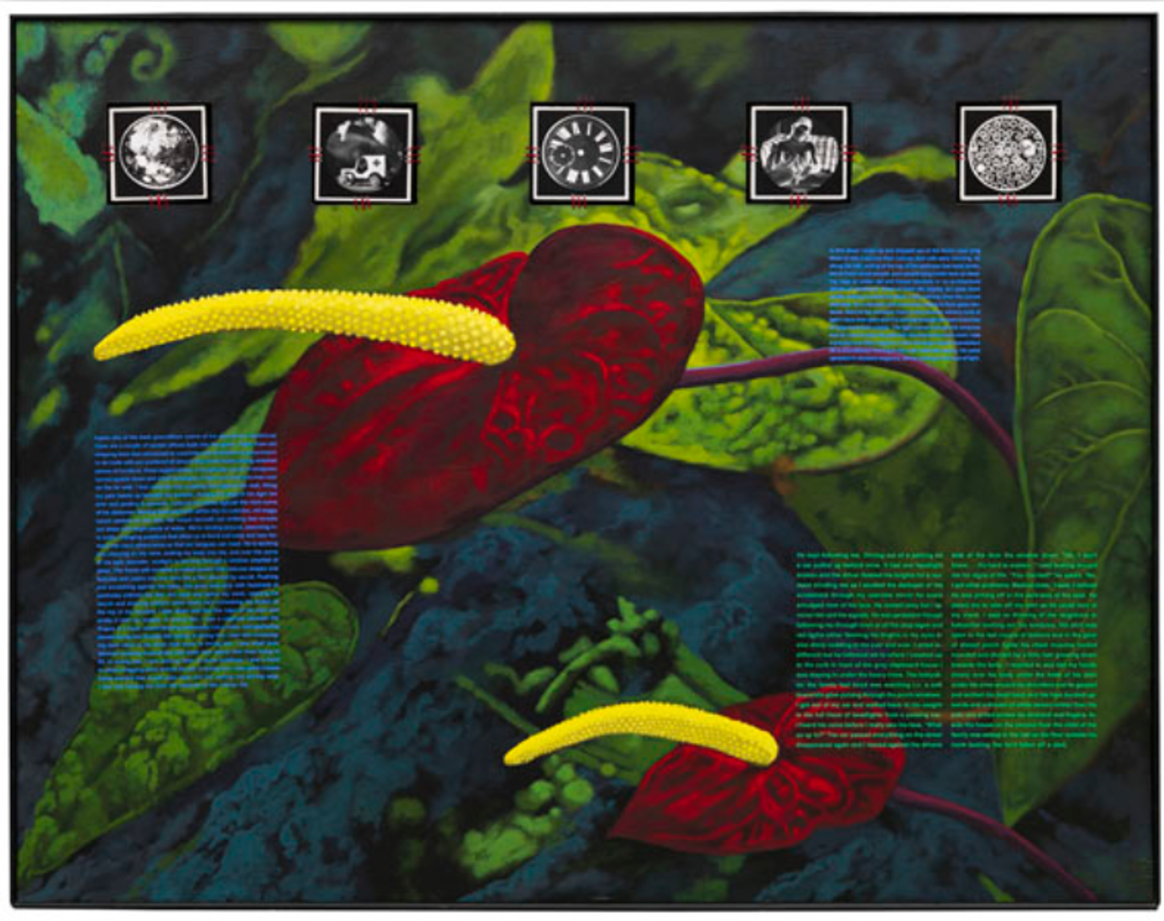 A bold, saturated image of tropical red flowers overlaid with blocks of minute blue text and five small square black-and-white images towards the top. The images include a photonegative of a seated man, a watch face, and a small truck in profile.
