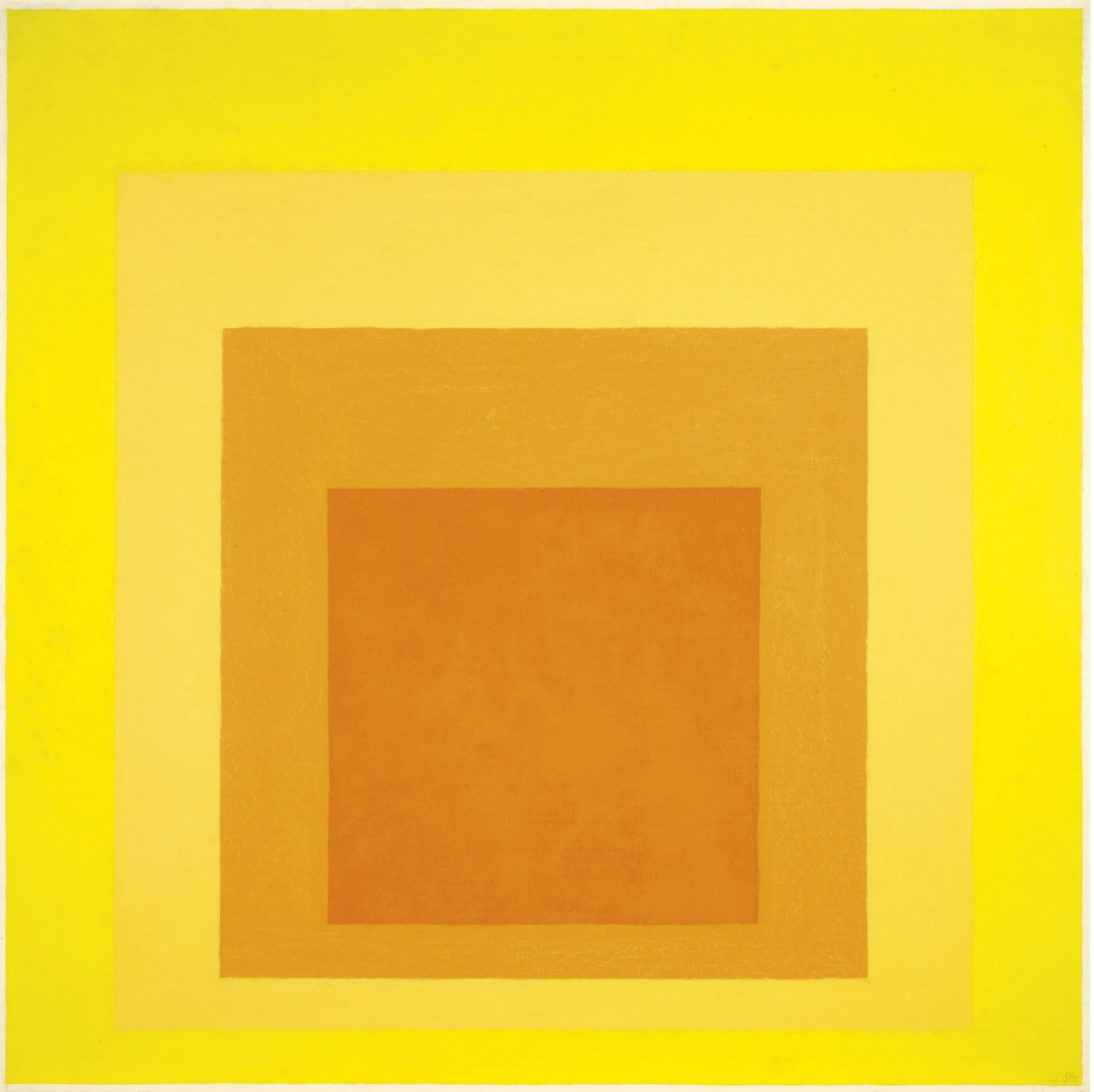 Four nested squares, getting smaller as they stack and moving slightly towards the bottom. The largest is bright yellow, then a lighter yellow, then a soft orange, and the smallest is a deeper orange.