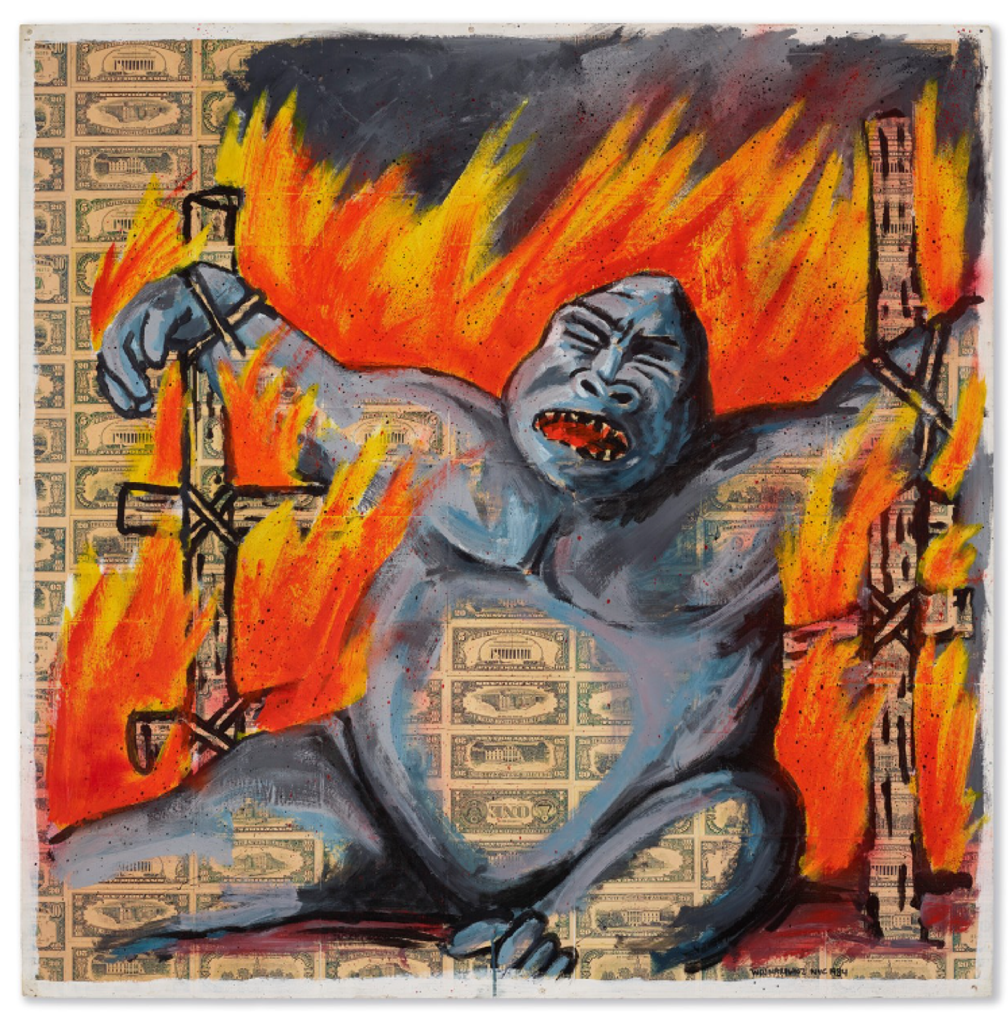 A mixed media artwork showing a stylised gorilla against a background of US dollar bills. The creature is tied to two cross-like posts on either side, baring its teeth in anguish, surrounded by vibrant orange and yellow flames. 