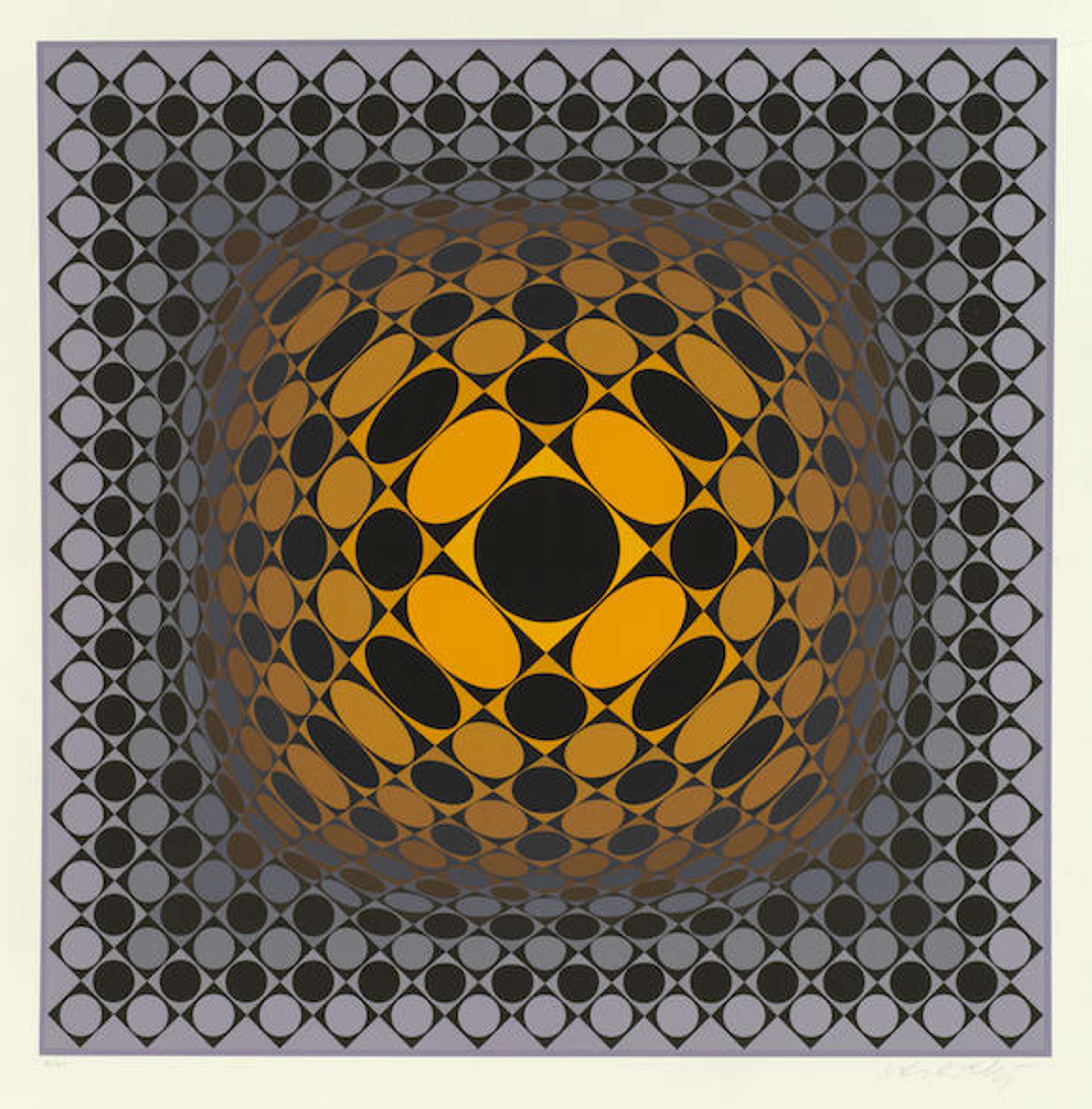 « Vega-Sakk » de Victor Vasarely (1979). Une œuvre d'art abstraite géométrique présentant une combinaison de carrés, d'ovales et de cercles colorés, agencés en une grille d'apparence tridimensionnelle.