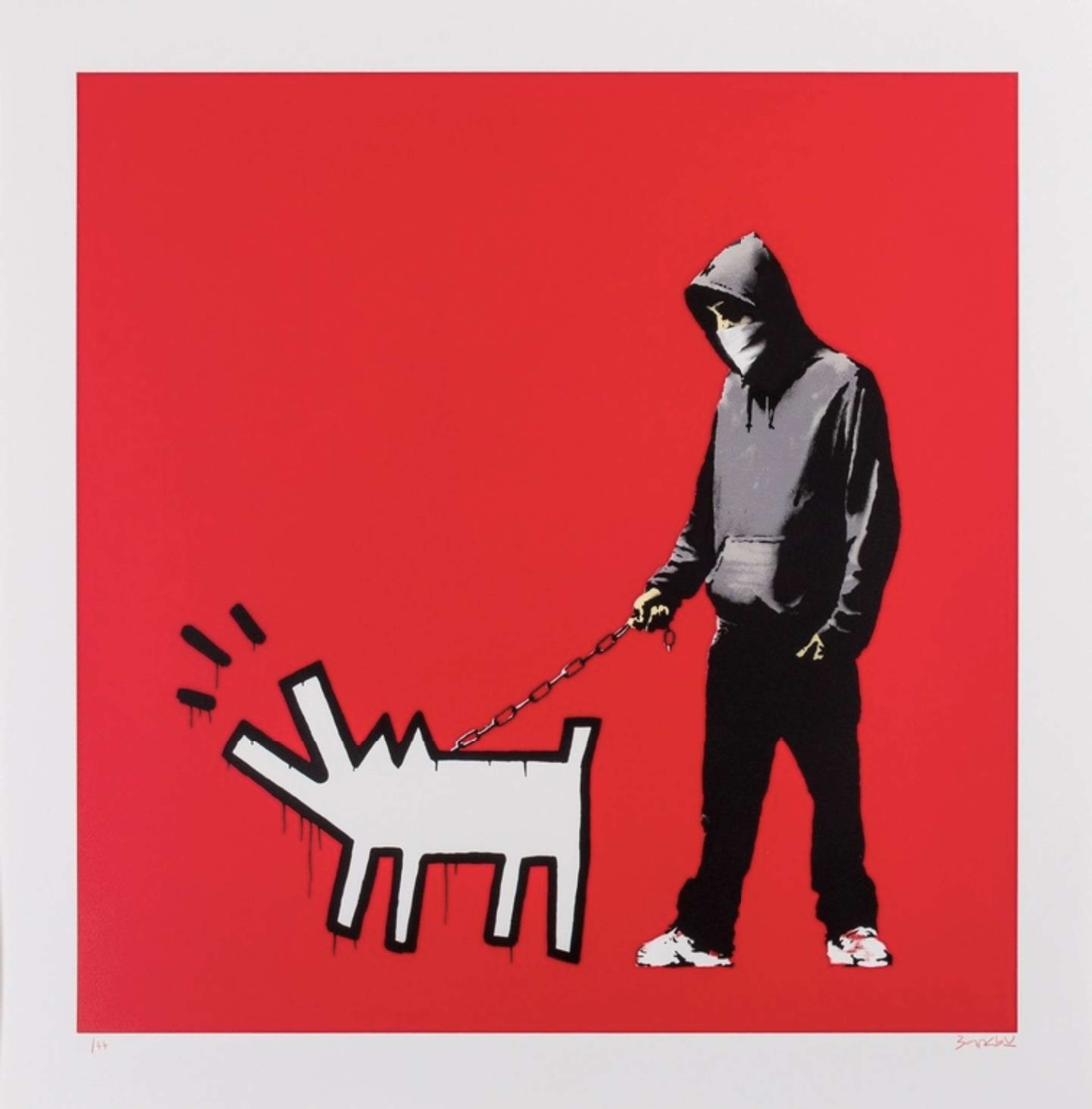 A screenprint by Banksy, titled “Choose Your Weapon (red)”, depicting a hooded man in dark clothing holding a barking dog on a lead against a flat red background. The artwork features stencil-like black and grey forms, sharp contrast, and a minimal palette of red, black, white, and grey. Executed in Banksy’s street art style, with the print signed. 