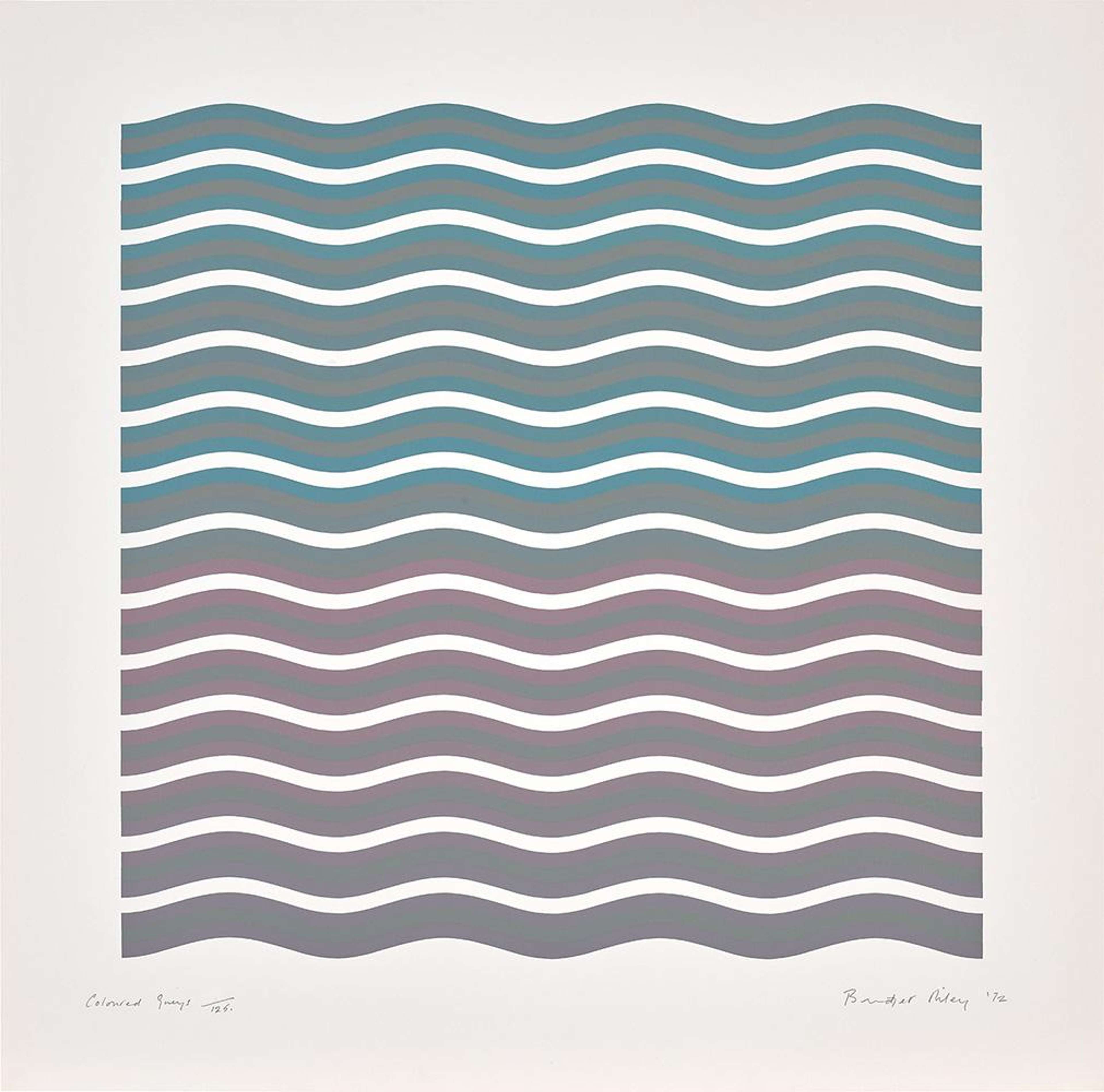 Un certain nombre de lignes bleu-gris ondulent sur un fond blanc, dans une œuvre typique de l'artiste Bridget Riley.