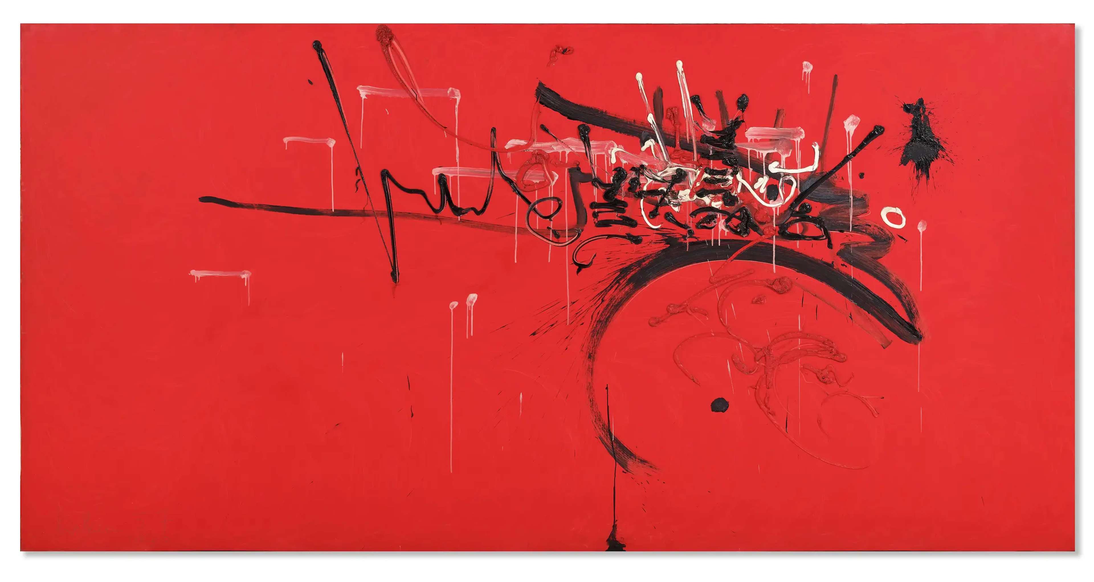 A panoramic canvas with a bright, flat red background. Black and white calligraphic lines and arcs cluster toward the centre, with a bold, sweeping black curve anchoring the lower right.