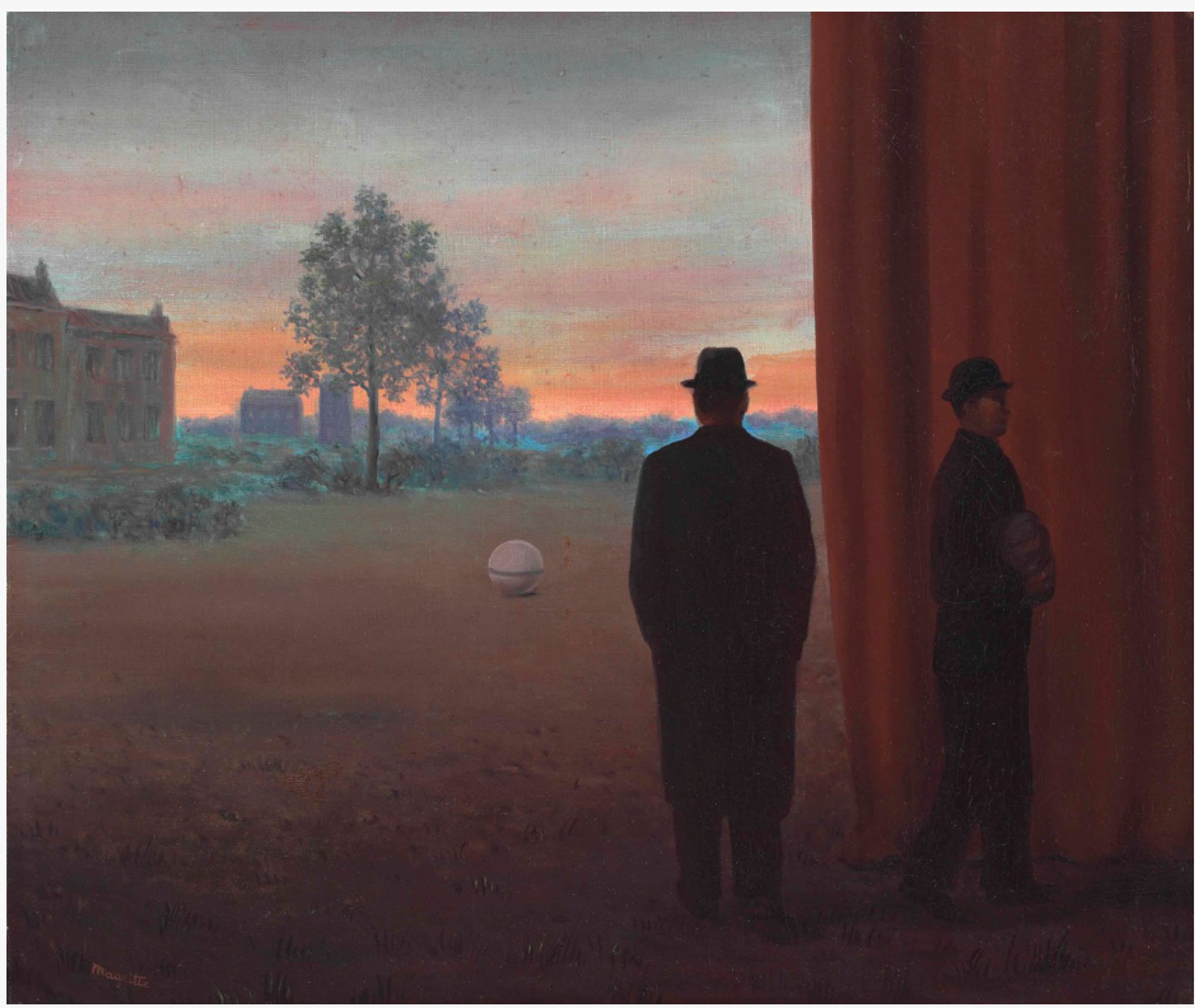 A nighttime forest scene with a full moon visible in a dark blue sky. The silhouette of a bowler-hatted man is just visible, apparently looking up at the moon.