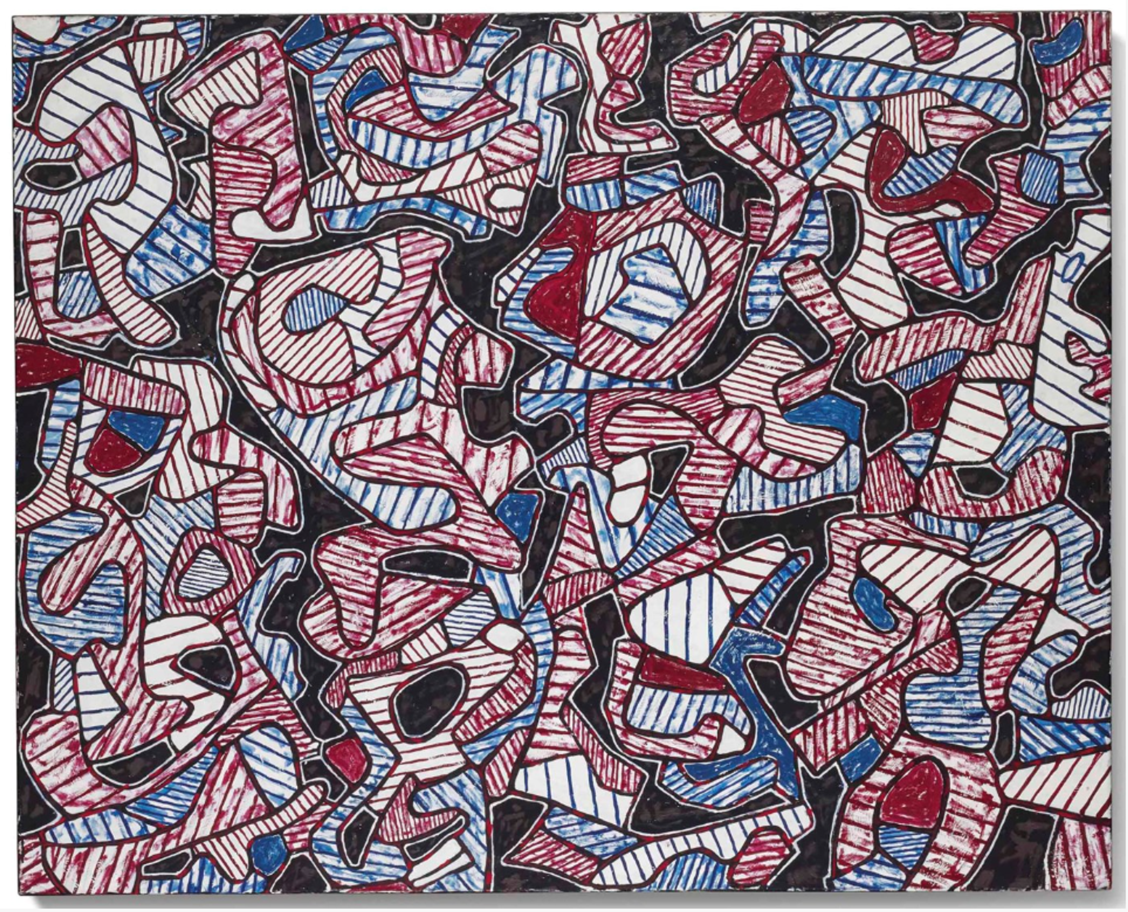 A densely patterned artwork featuring repeating curved forms in red, blue, and white with striped elements, interspersed with sections of block black colour. The abstract composition fills the entire canvas with rhythmic, overlapping shapes creating visual movement.