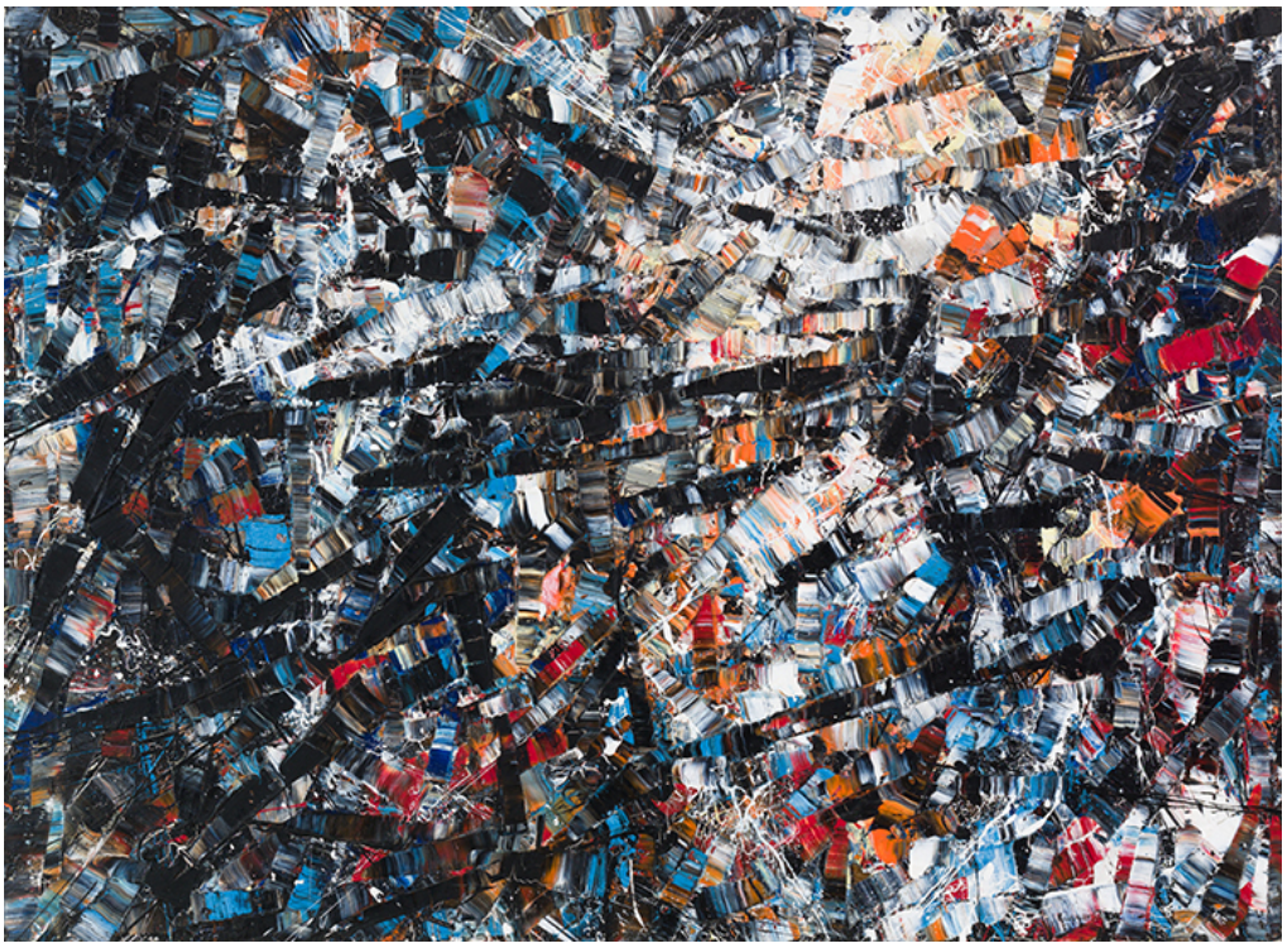 An abstract composition in blues, blacks, and whites with subtle accents of red and orange, particularly in the top right corner. Small, tessellated segments of paint applied with palette knife create a mosaic effect. Each colour segment has three-dimensional quality, giving sculptural presence with no single focal point dominating.