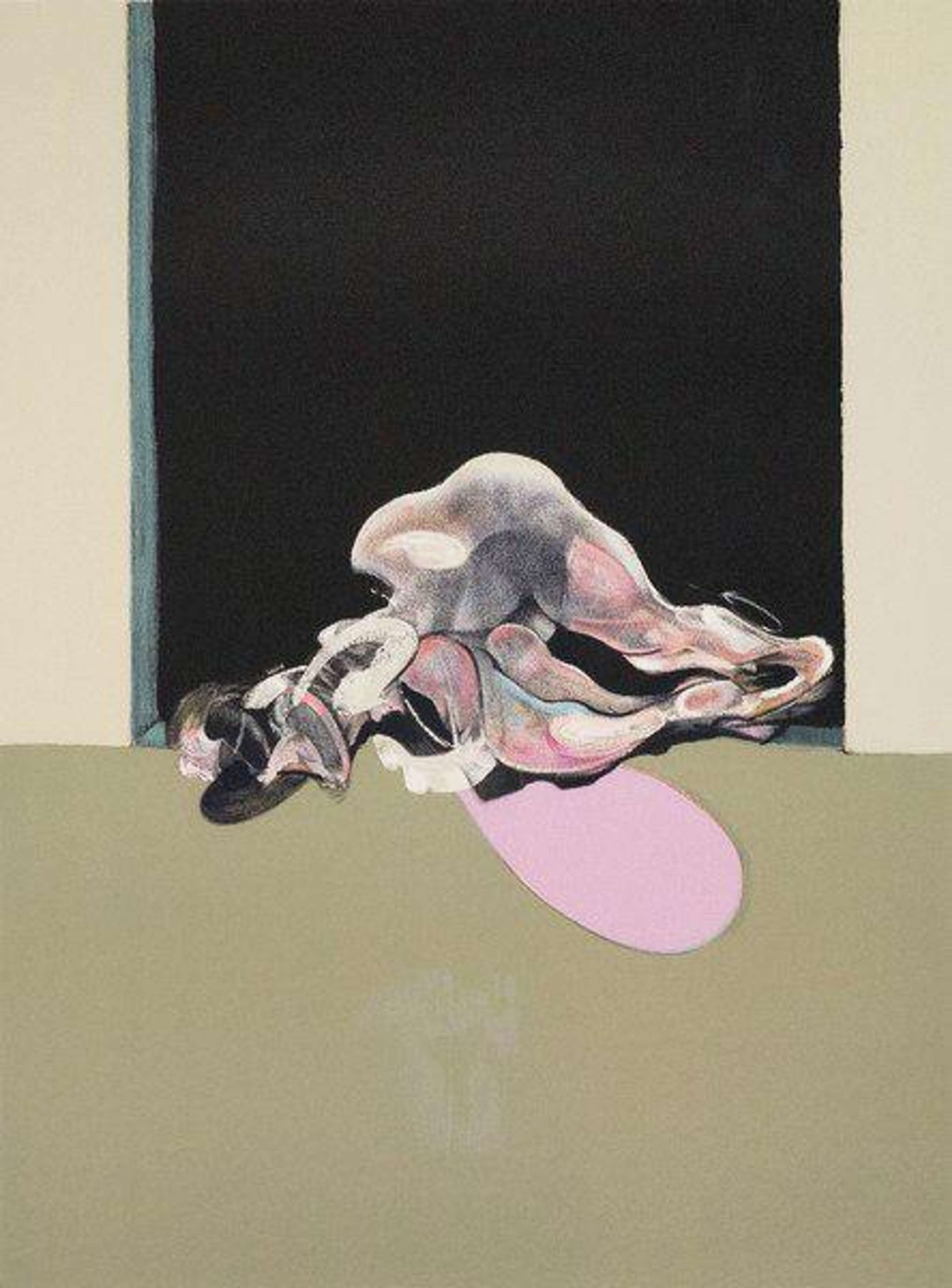 Abstract figure lies in a dark doorway
