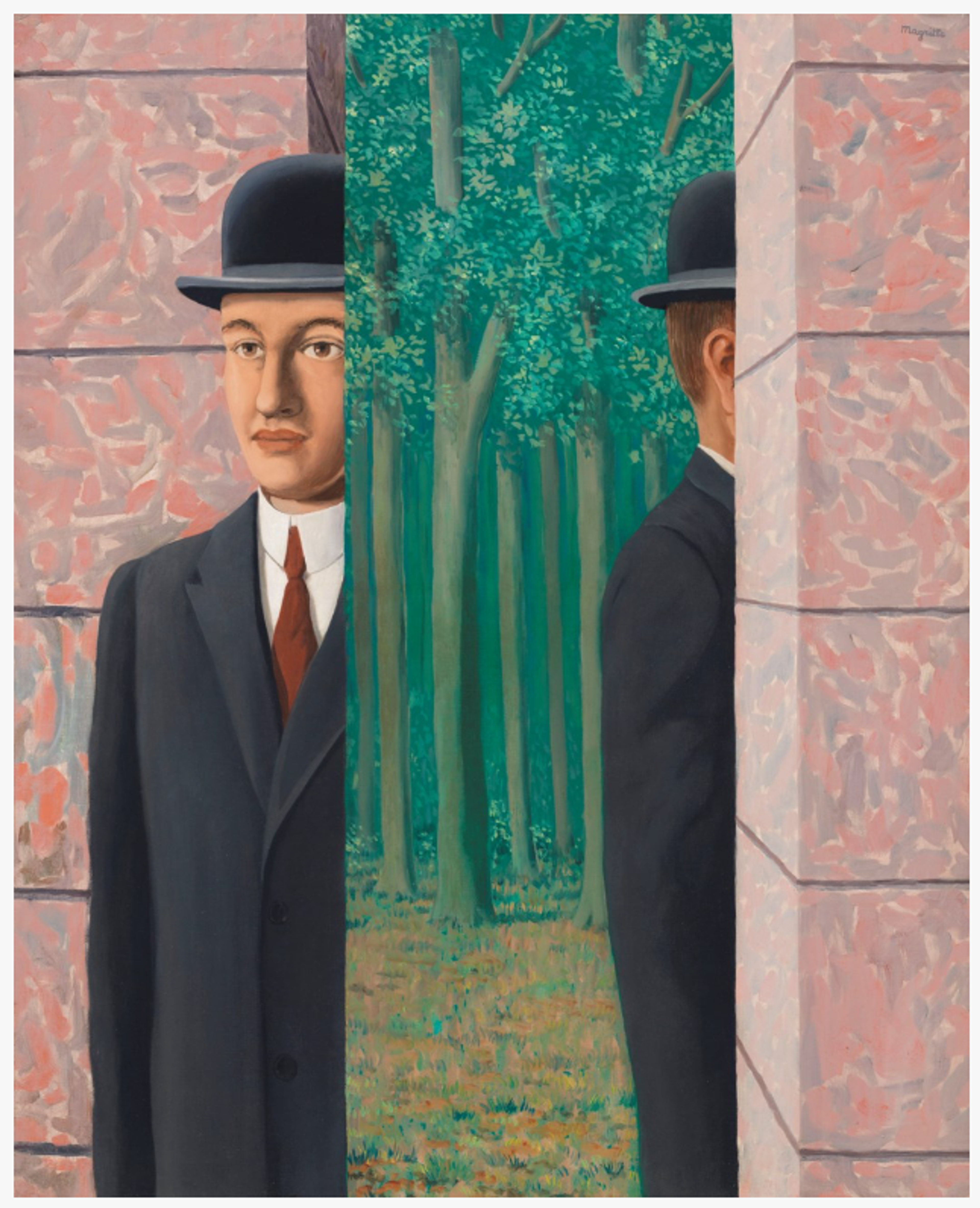 A dark-toned painting showing a man in a black suit and bowler hat with a red tie, shown from two distinct angles. On the left, the viewer sees the man in ¾ profile, intercepted by the line of a pink pillar. On the right, the viewer sees the man in ¾ profile from behind, partially hidden by a pink pillar. A forest scene is visible between the pillars.
