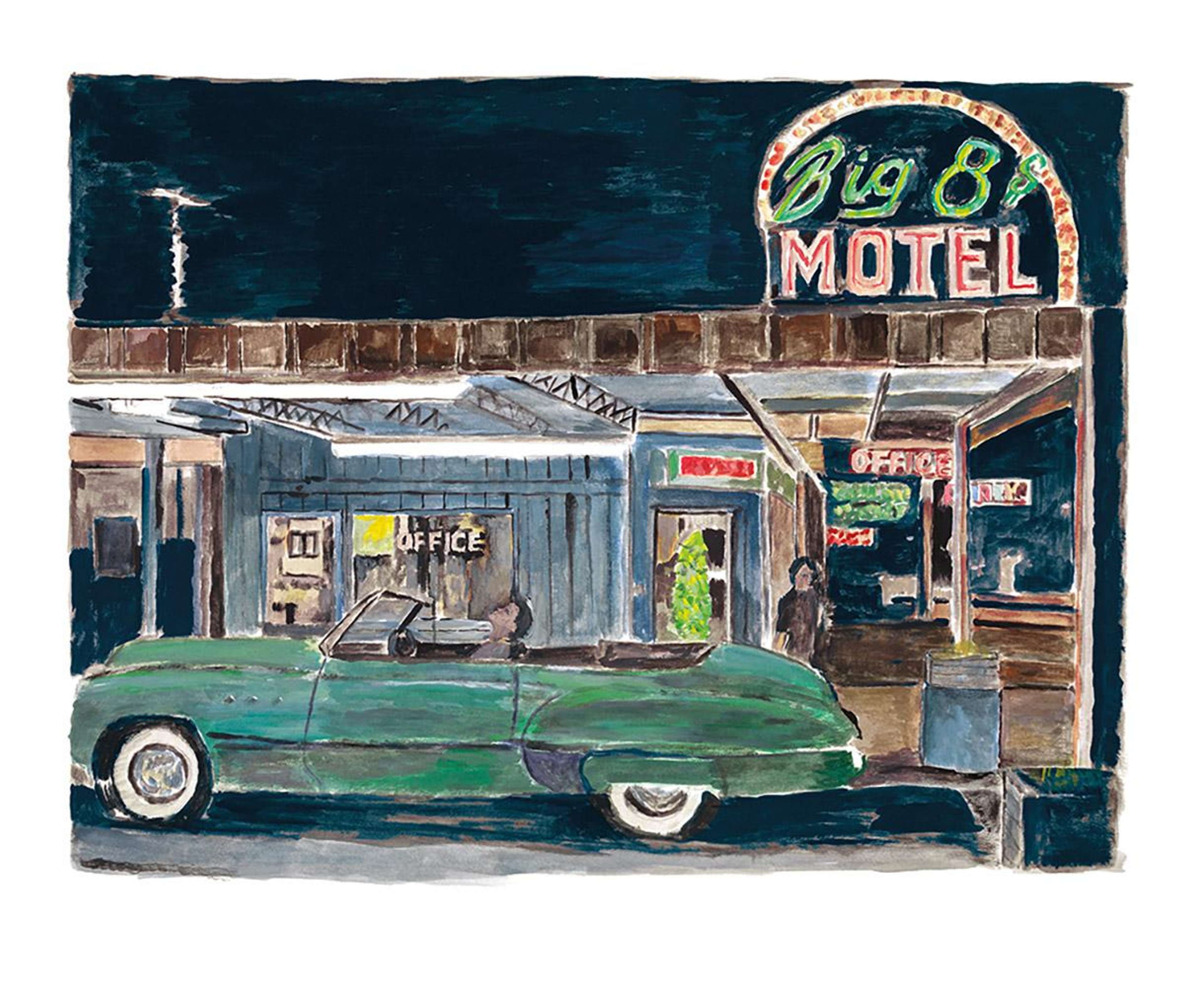 Estampe "Staring At The Moon" de Bob Dylan, représentant un homme à côté d'une voiture de collection devant un motel éclairé au bord de la route, la nuit.