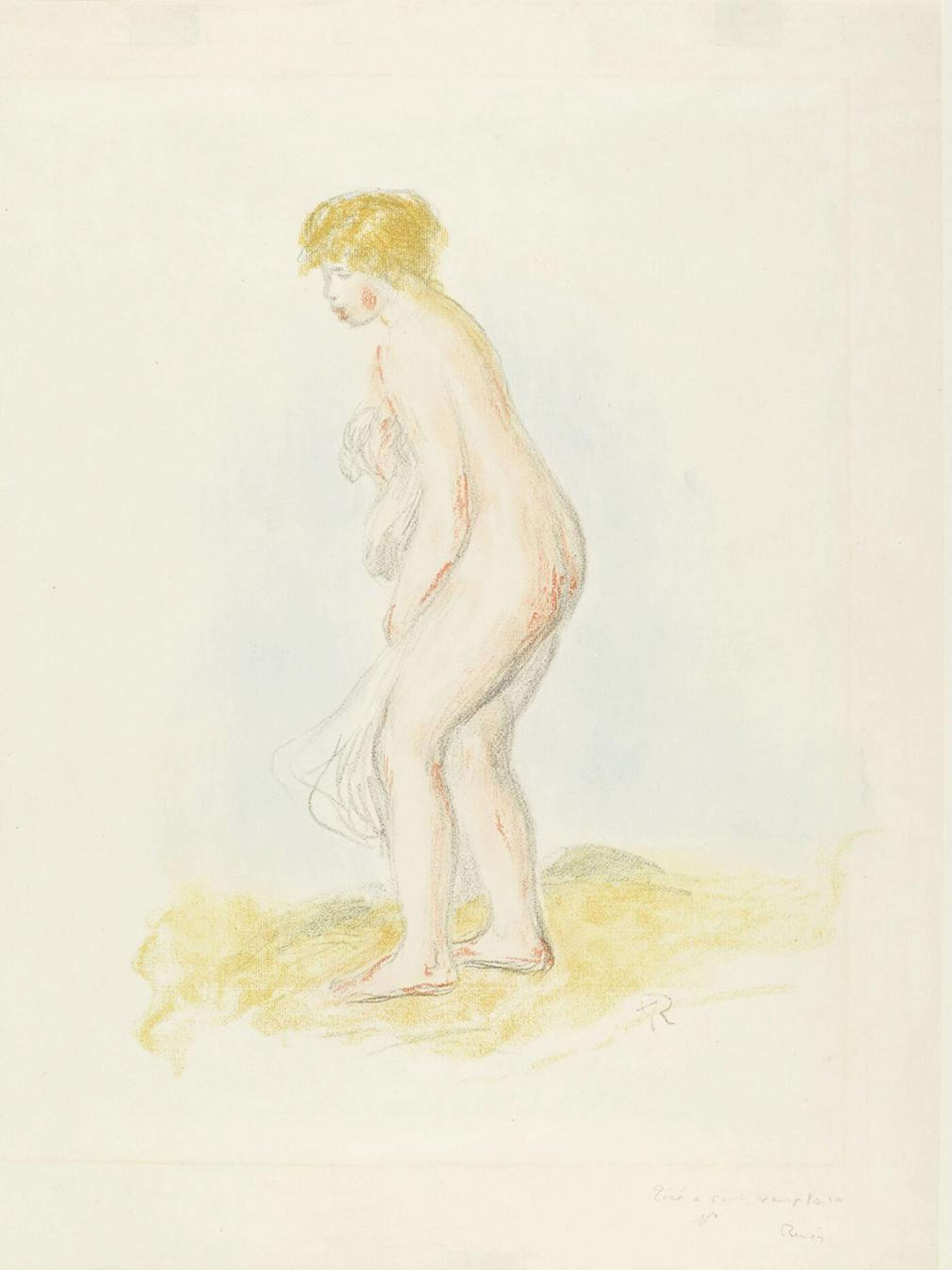 Une lithographie en couleurs représentant une femme nue debout, légèrement tournée vers la gauche. Elle a une silhouette douce, et ses cheveux sont relevés de manière décontractée. Elle porte un drapé ou une serviette. L'atmosphère est sereine, avec un ciel bleu pâle et de l'herbe sous ses pieds.