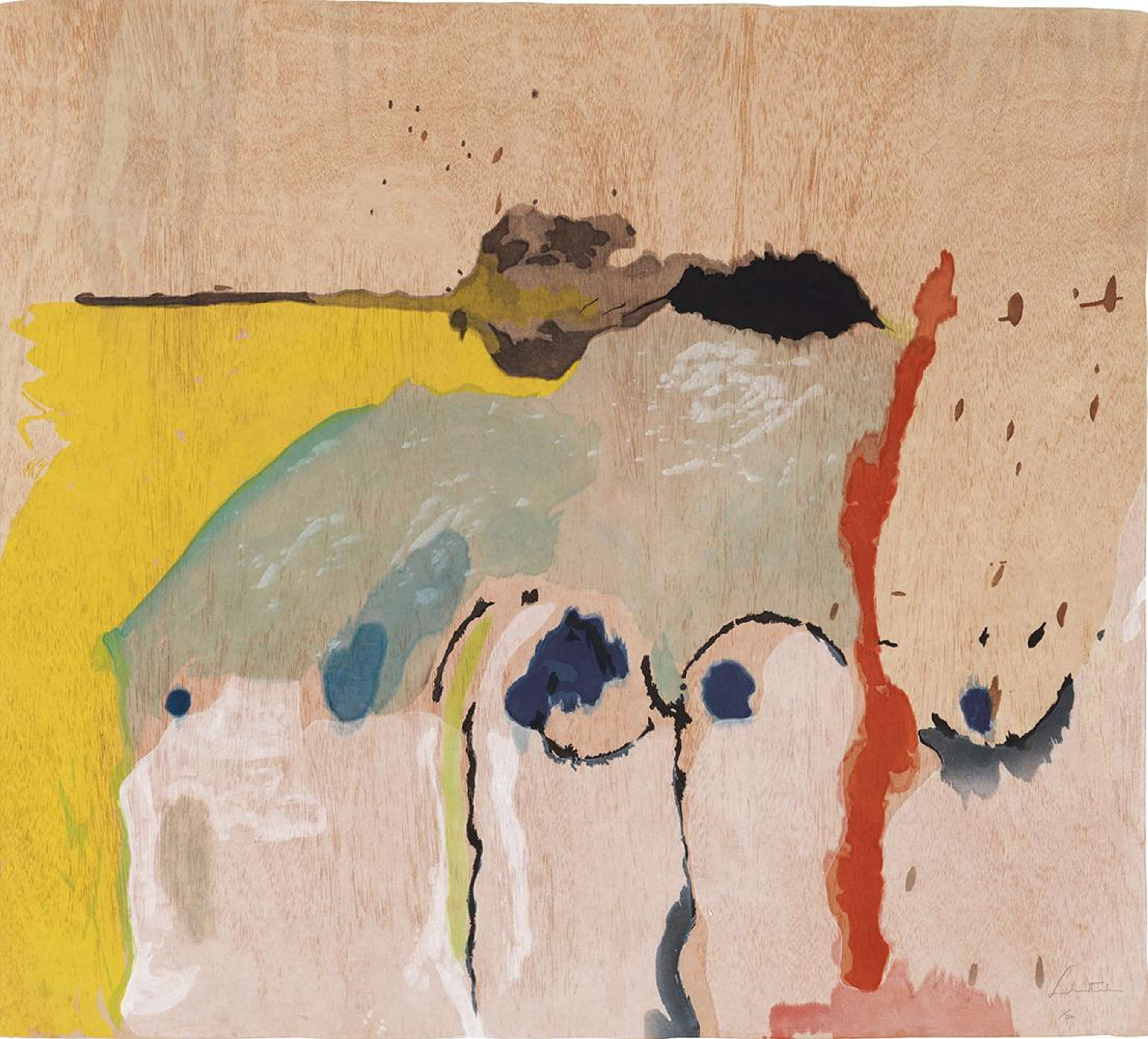« Tales Of Genji I » d'Helen Frankenthaler. Une estampe en bois expressionniste abstraite représentant un paysage dominé par l'orange, rehaussé de diverses couleurs d'accentuation.