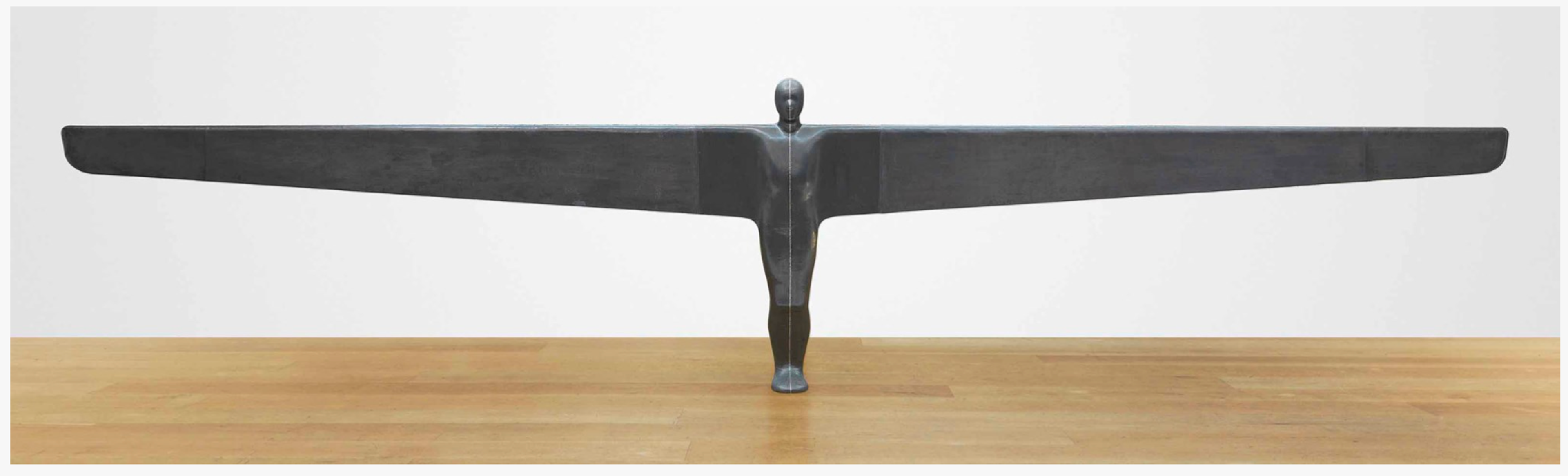 Une sculpture moulée d'une forme humaine, coulée en plomb et en acier, avec une envergure de 8,5 mètres, évoquant un ange en plein vol.