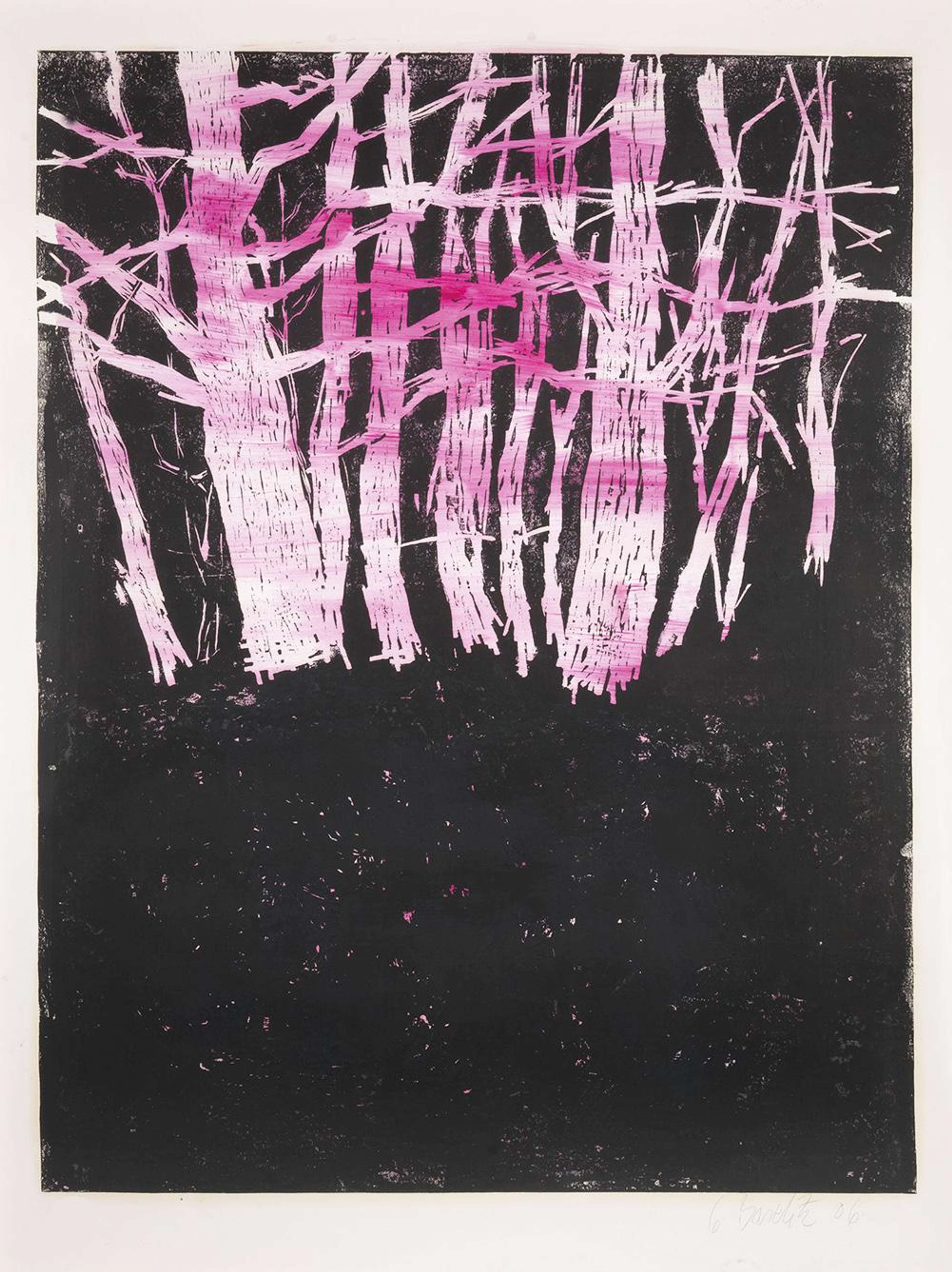 Une image majoritairement noire, représentant des formes floues d'arbres dénudés en blanc. Des traits de crayon rose appliqués horizontalement par-dessus les arbres blancs créent un résultat final mystique.
