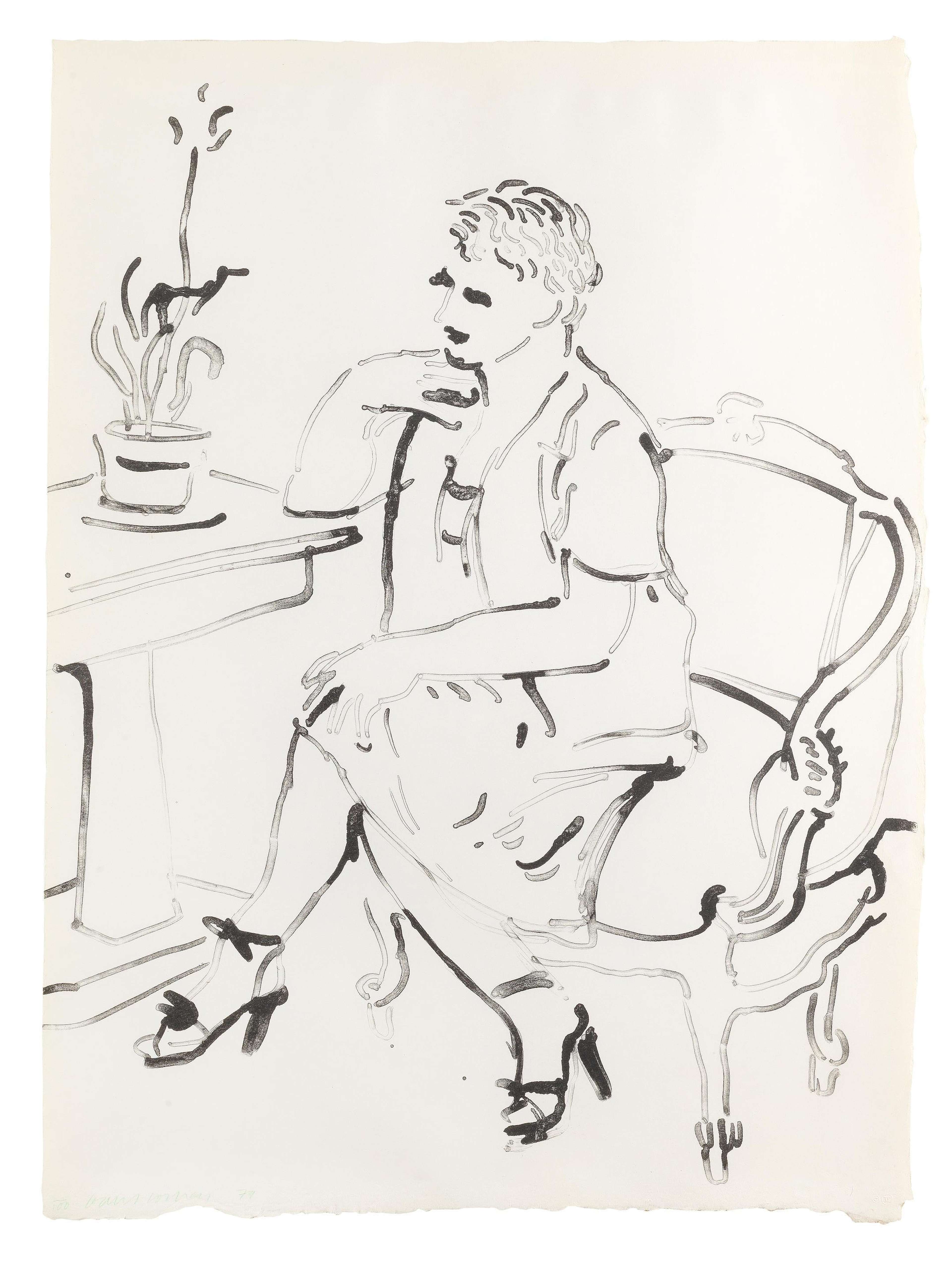 Celia Birtwell seated gracefully, her patterned blouse and composed expression reflecting Hockney’s assured line.