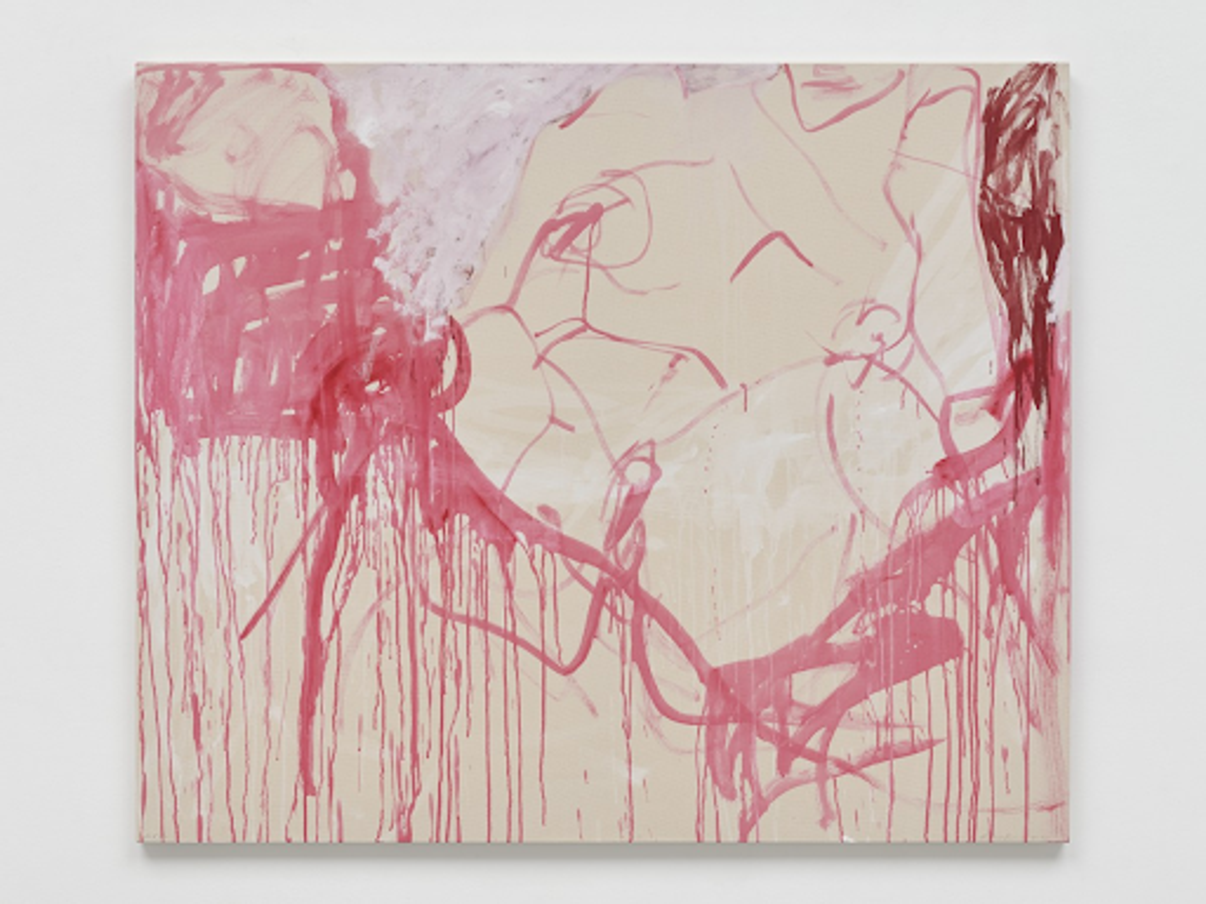 « WET. » de Tracey Emin. Une peinture représentant une figure féminine nue dans des nuances de rose. Ses jambes sont écartées et elle est entourée de couleur.