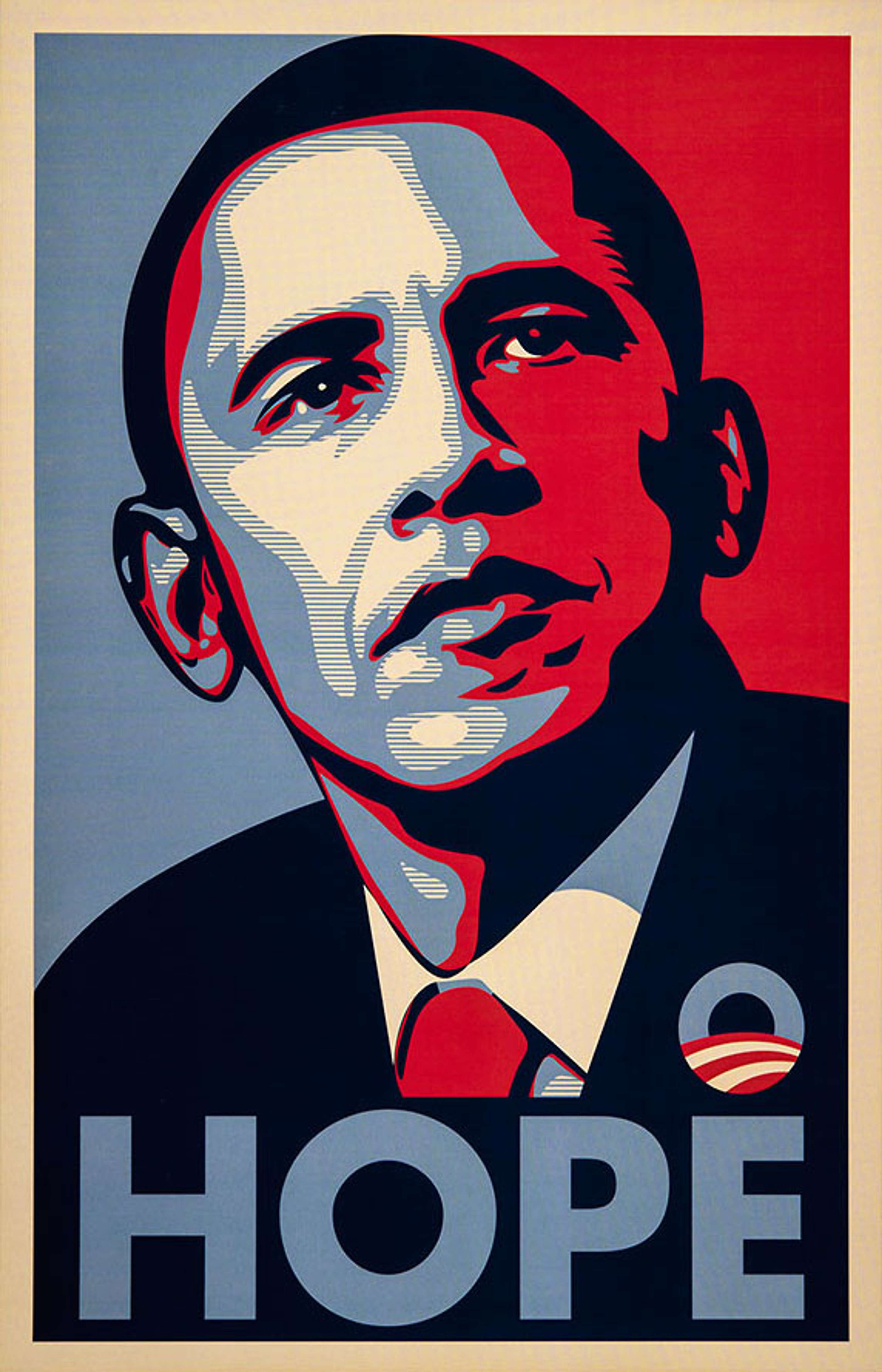 Un portrait graphique de Barack Obama en rouge, blanc, noir et bleu, avec le mot « HOPE » inscrit en grosses lettres capitales en bas.
