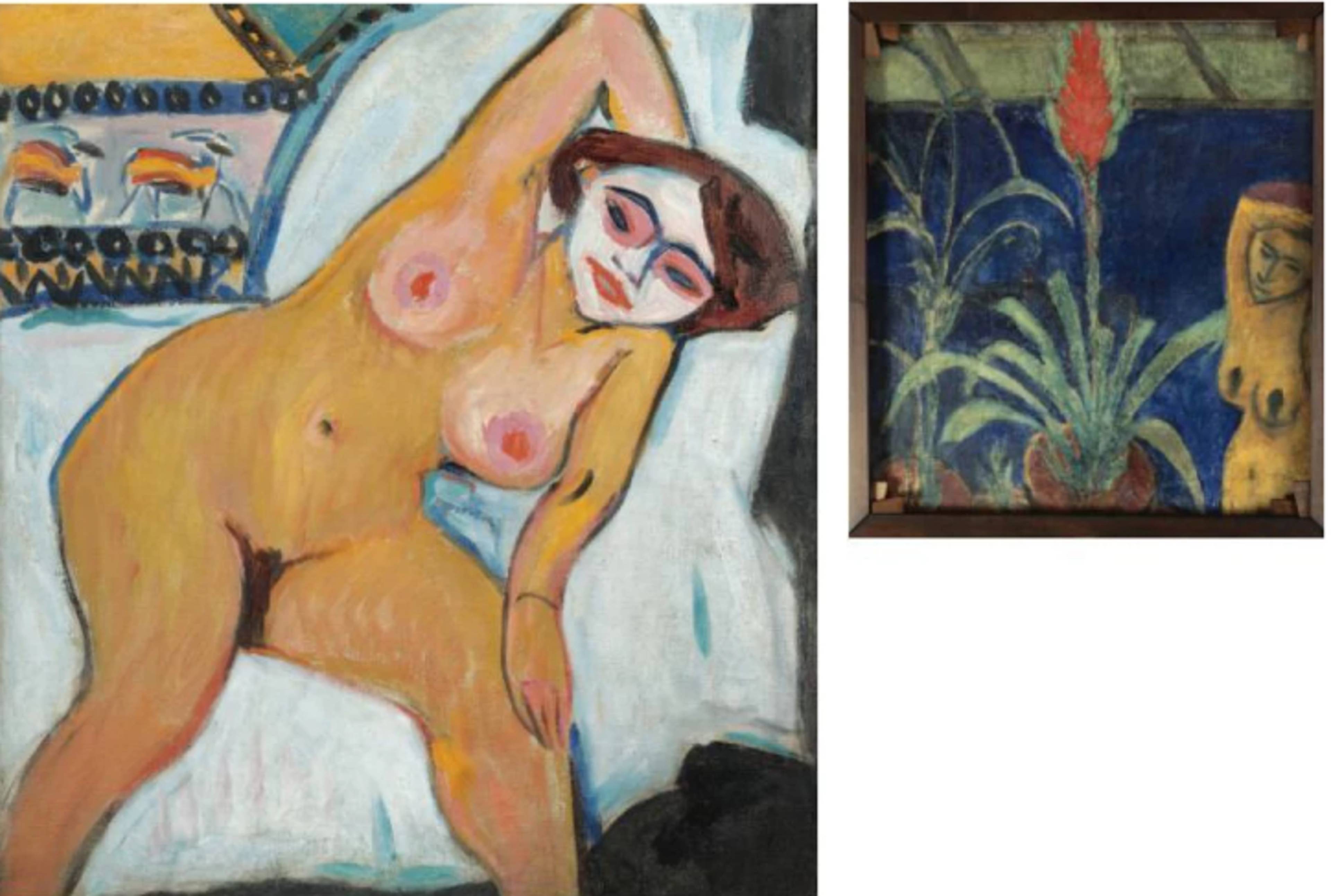 Two distinct paintings displayed side by side. On the left, a reclining nude woman with short brown hair rests on a white bed, her pose relaxed and gaze engaging. Behind her are decorative patterns in yellow and blue. On the right, the second painting portrays a still life of green potted plants, including a tall, red aloe flower, set against a rich blue background. A partial nude figure is visible on the righthand side.