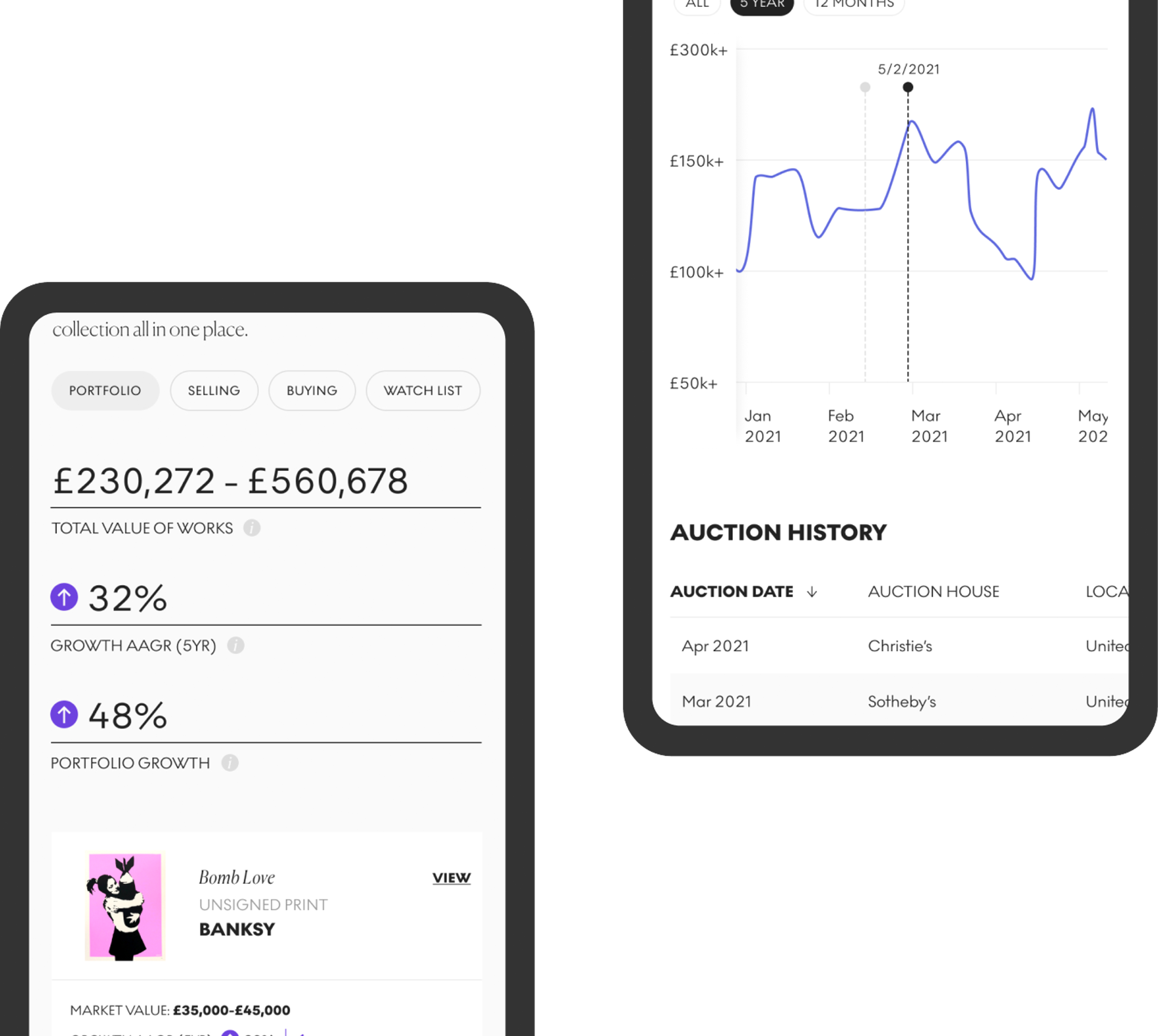 Graphique montrant deux écrans de téléphone illustrant le fonctionnement du MyPortfolio de MyArtBroker.