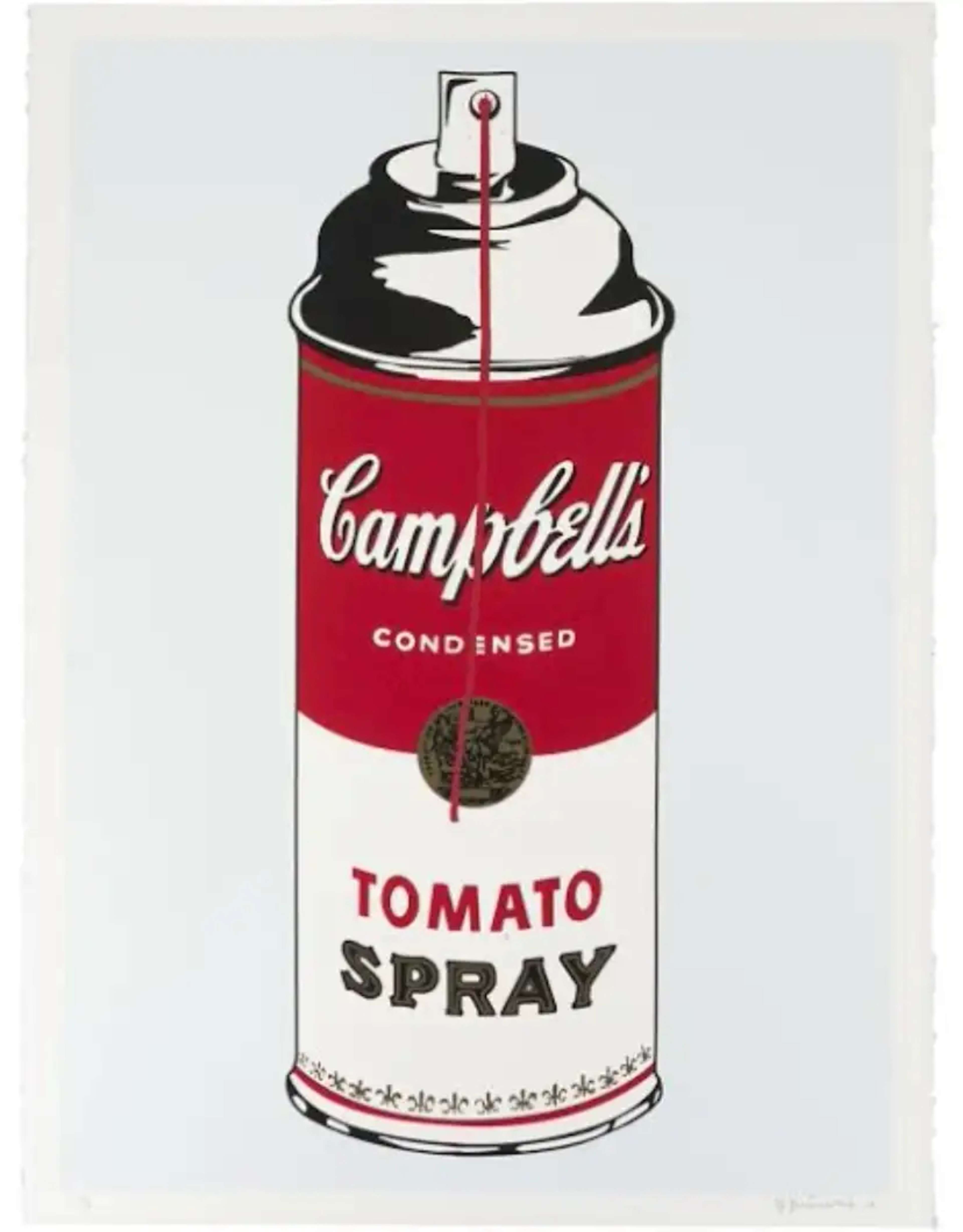 Sérigraphie en couleurs représentant une bombe de peinture arborant une étiquette de soupe Campbell's, inspirée des emblématiques estampes de boîtes de soupe Campbell's d'Andy Warhol.