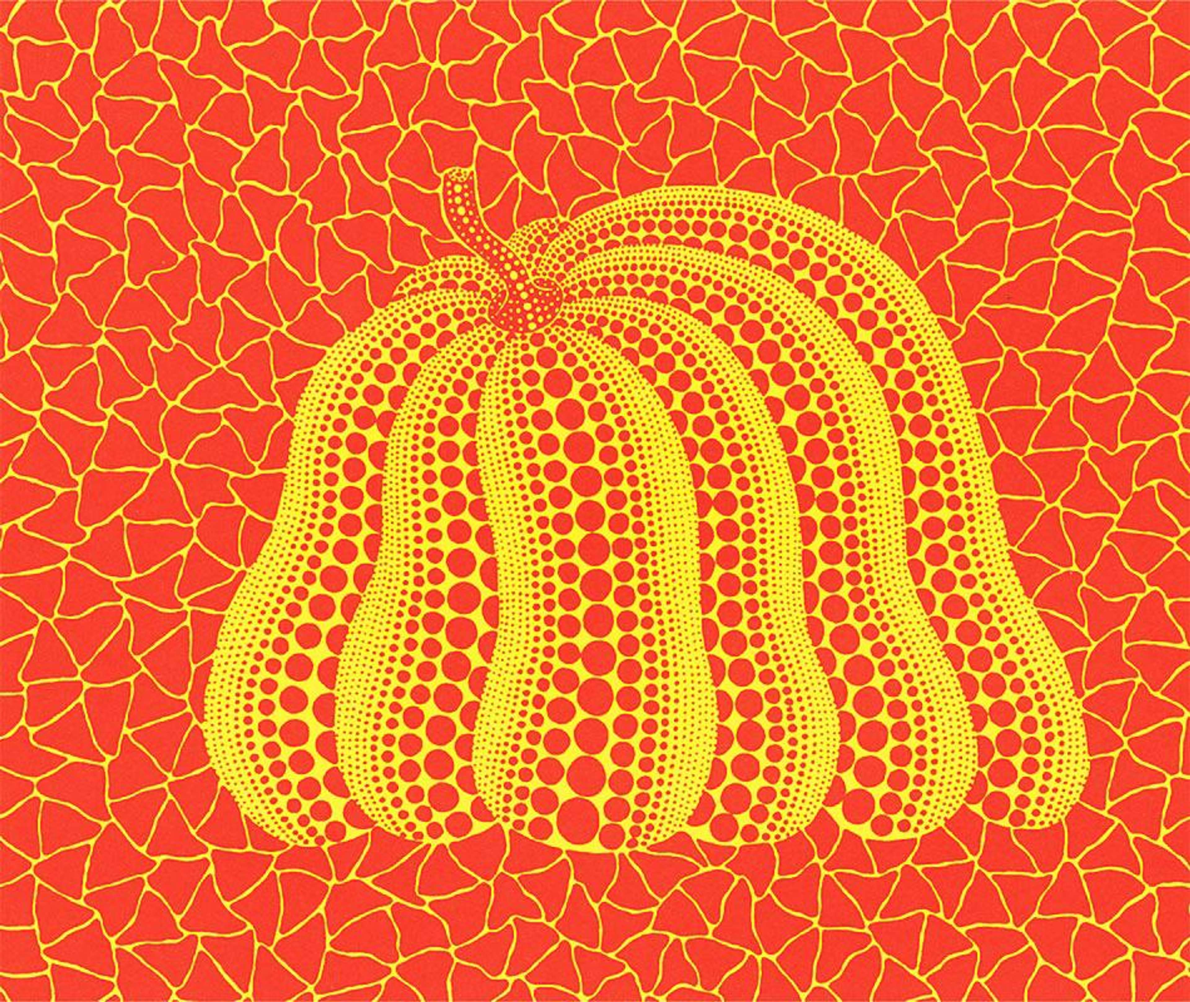 Une sérigraphie de Yayoi Kusama représentant une citrouille jaune sur un fond orangé.