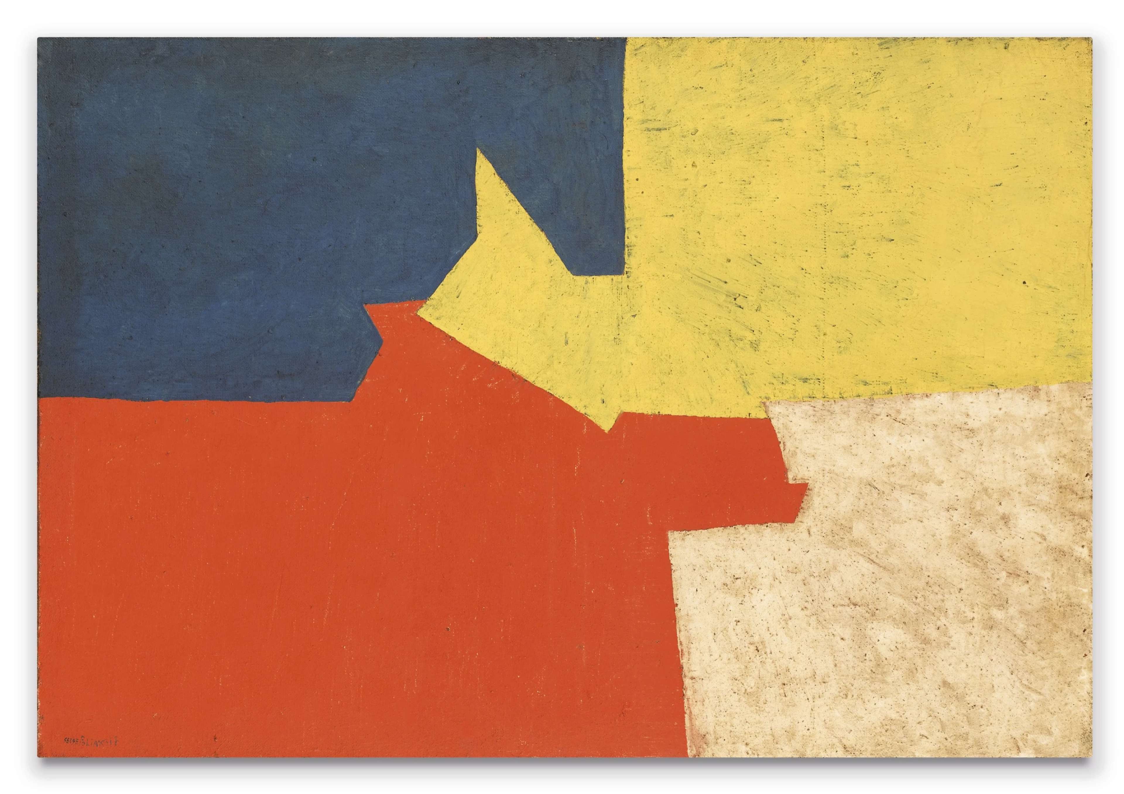 An oil painting featuring four interlocking geometric forms: blue in the top left corner, then yellow, beige, and red, moving around the corners clockwise. The shapes fit together in an irregular arrangement of diagonal lines and angles in the centre. Each has a textured finish.