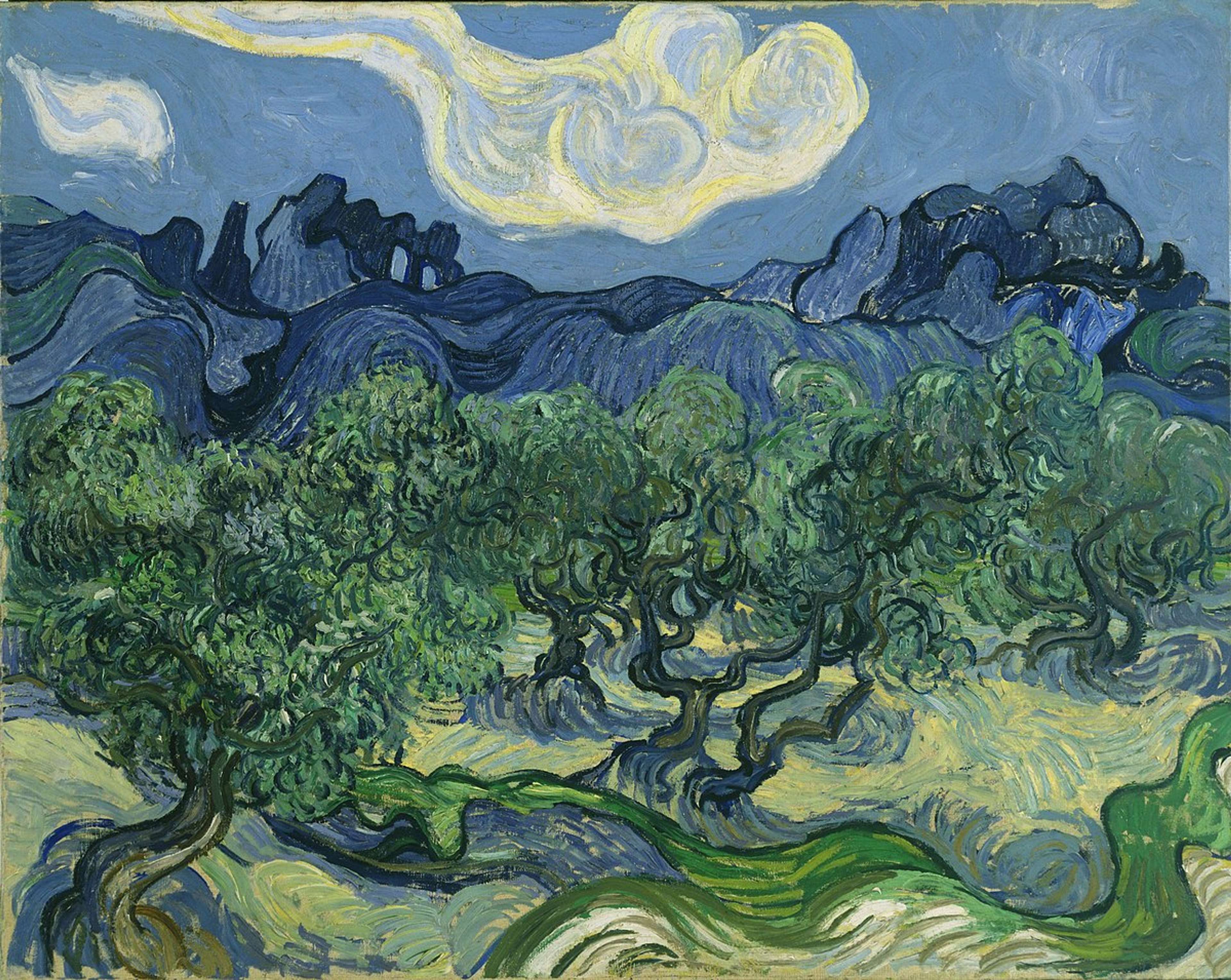 Une huile sur toile intitulée « Les Oliviers », représentant un bosquet d'oliviers à Saint-Rémy-de-Provence, avec une chaîne de montagnes en arrière-plan. La peinture se distingue par des coups de pinceau épais et expressifs dans des nuances de vert, de bleu, de jaune et de brun.