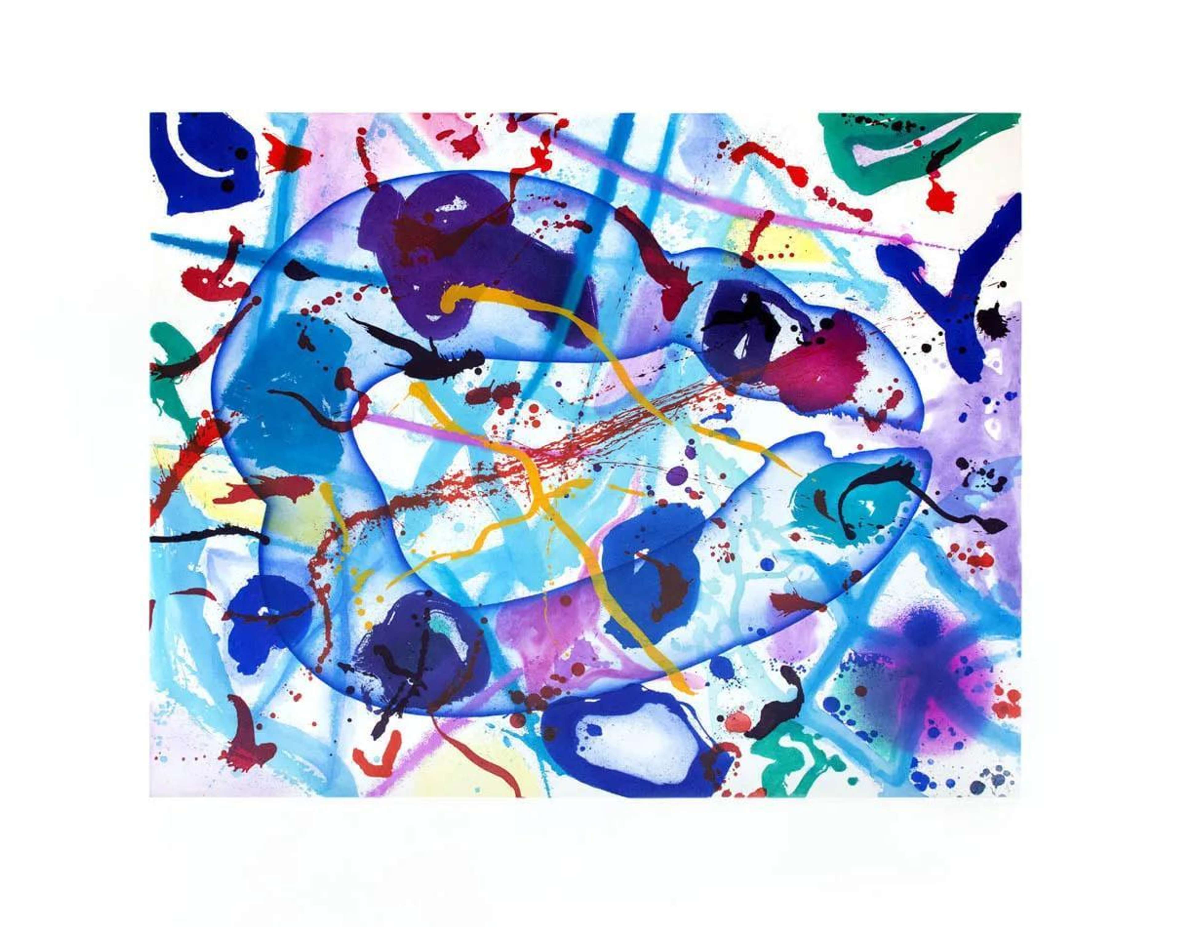 Une estampe lithographique présentant des traits expressifs bleus, violets, roses et verts, avec des touches de jaune et d'or. Les couleurs varient d'opaques à semi-transparentes et sont superposées de manière à se fondre les unes dans les autres.
