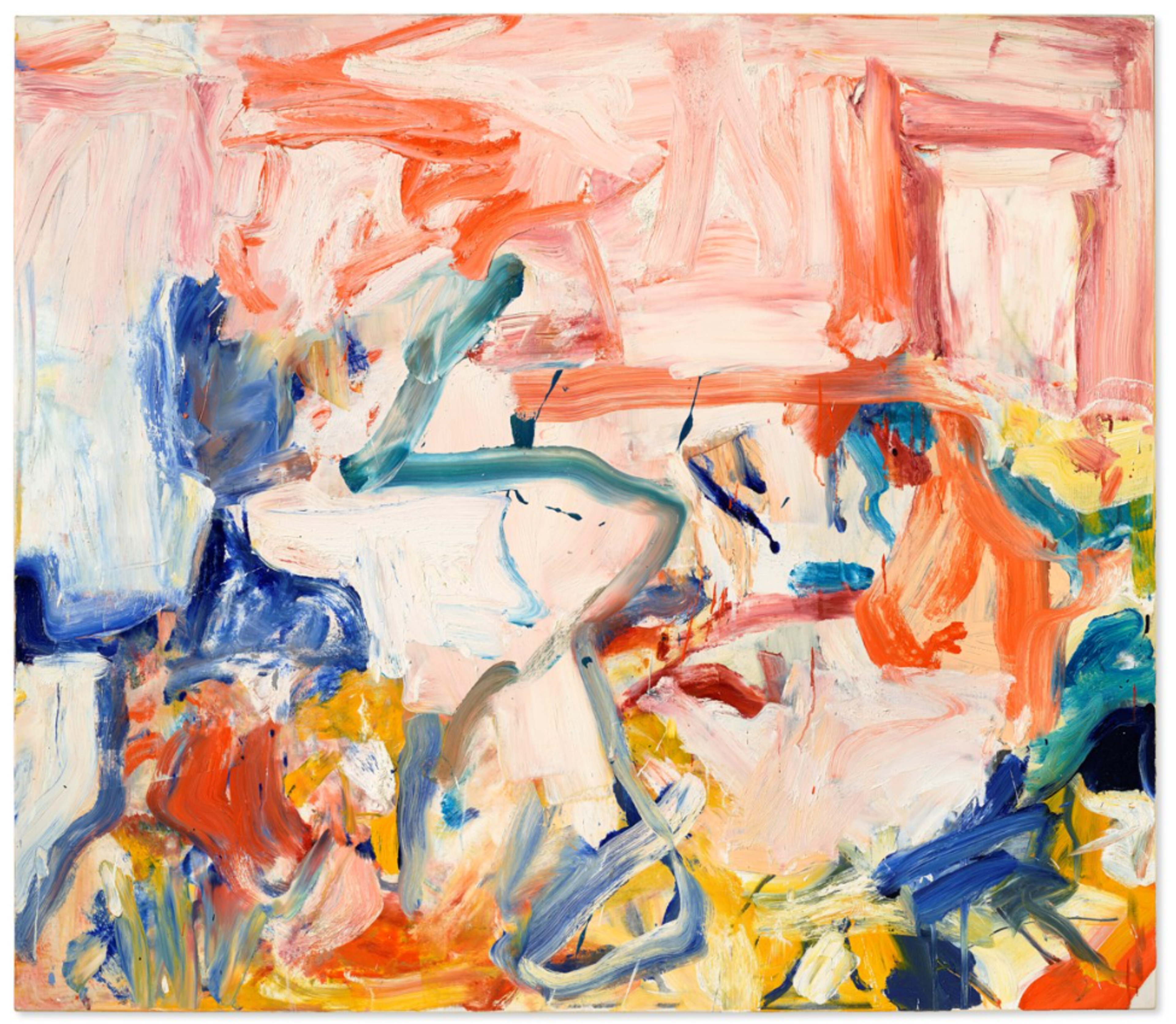 A vibrant abstract painting with energetic brushstrokes in orange, blue, yellow, and white. The composition has a light background with colourful gestural marks creating movement across the canvas.