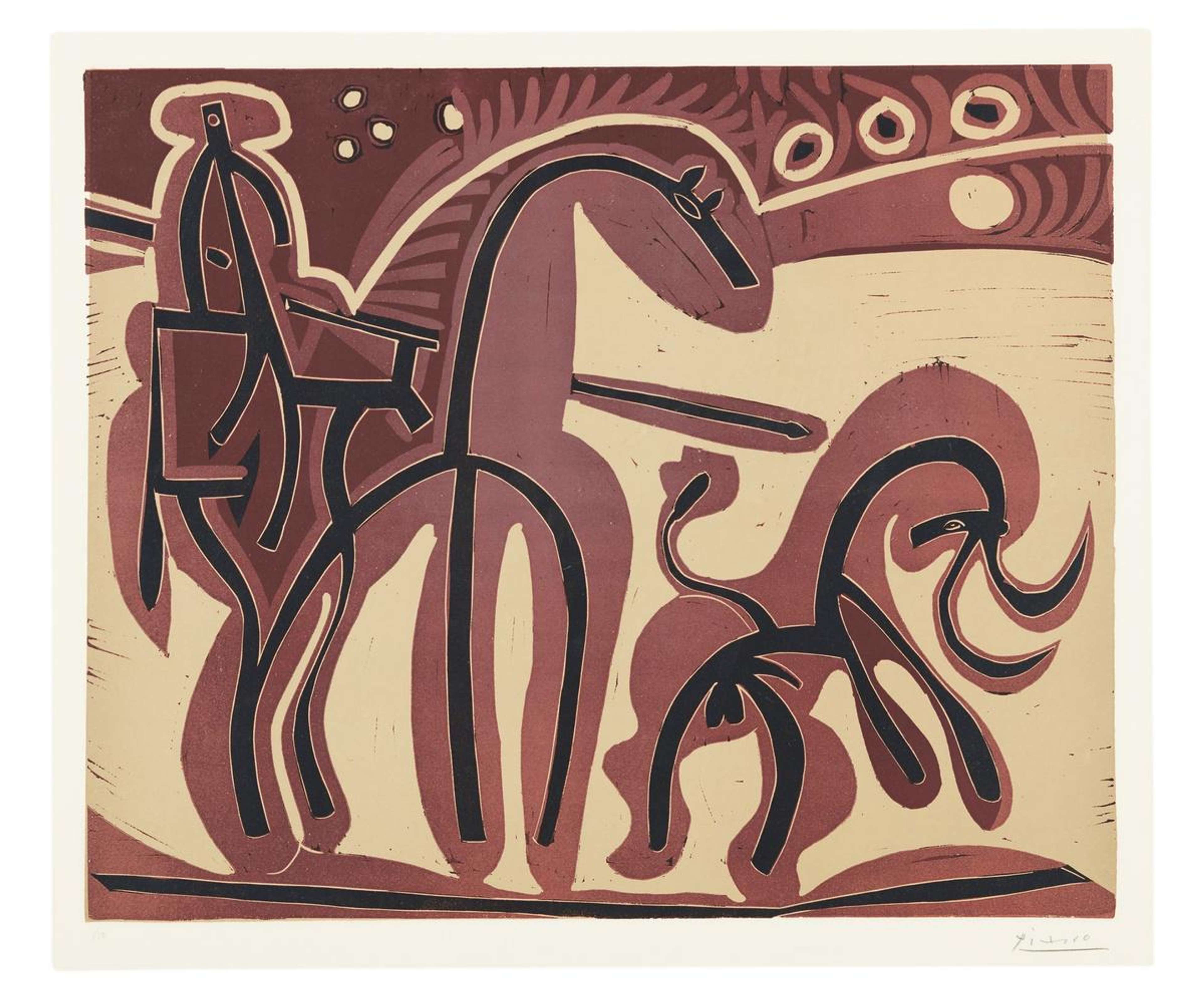 « Picador Et Taureau » de Pablo Picasso. Peinture abstraite d'un homme à cheval qui tente d'attraper un taureau.
