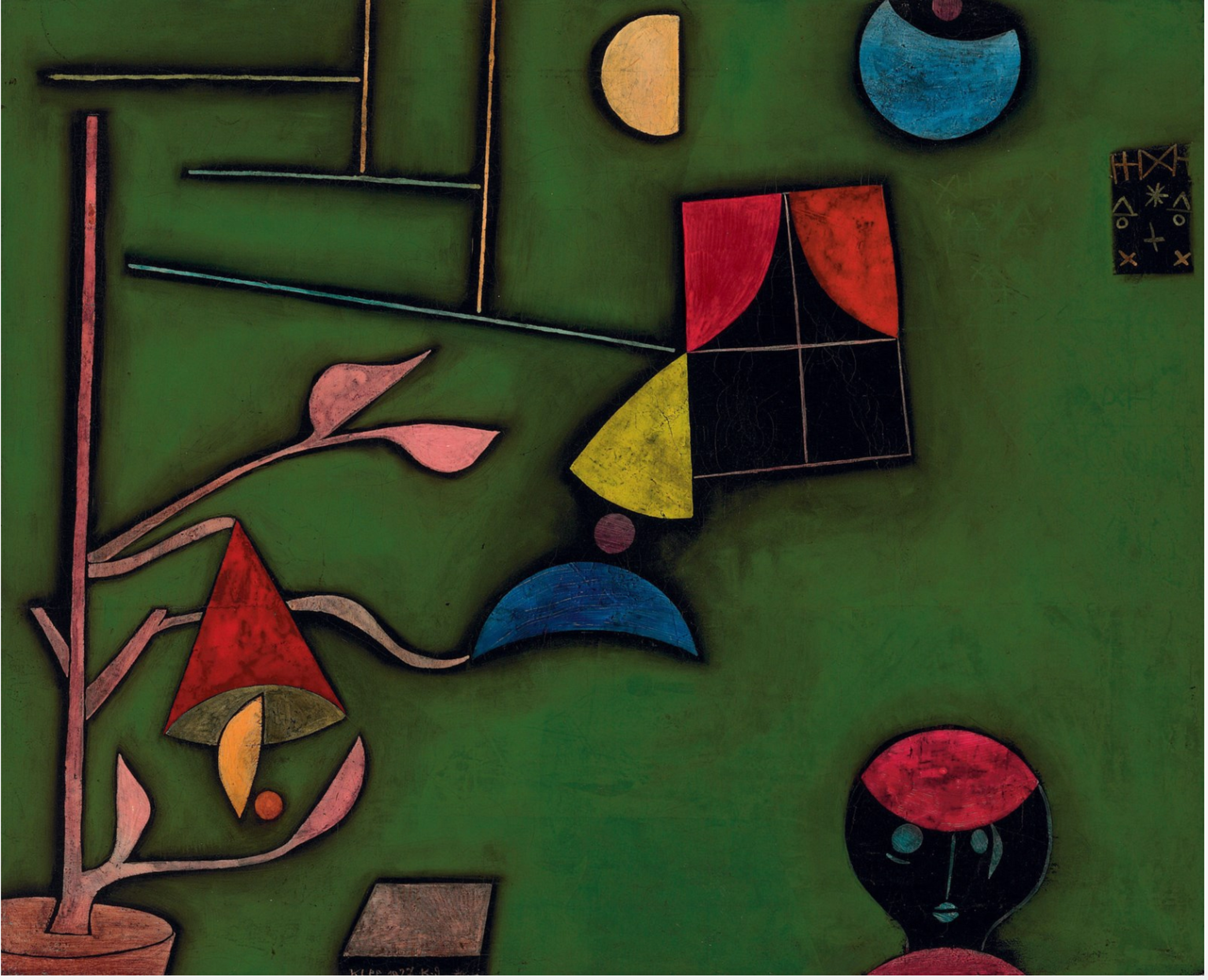 An abstract still life on a dark green flat background. The tall stems of a plant are visible on the left side, with branches and leaves that become more geometric as they reach higher. They seem to float towards the outlined shape of a window with open red curtains. The style is abstract and conceptual.