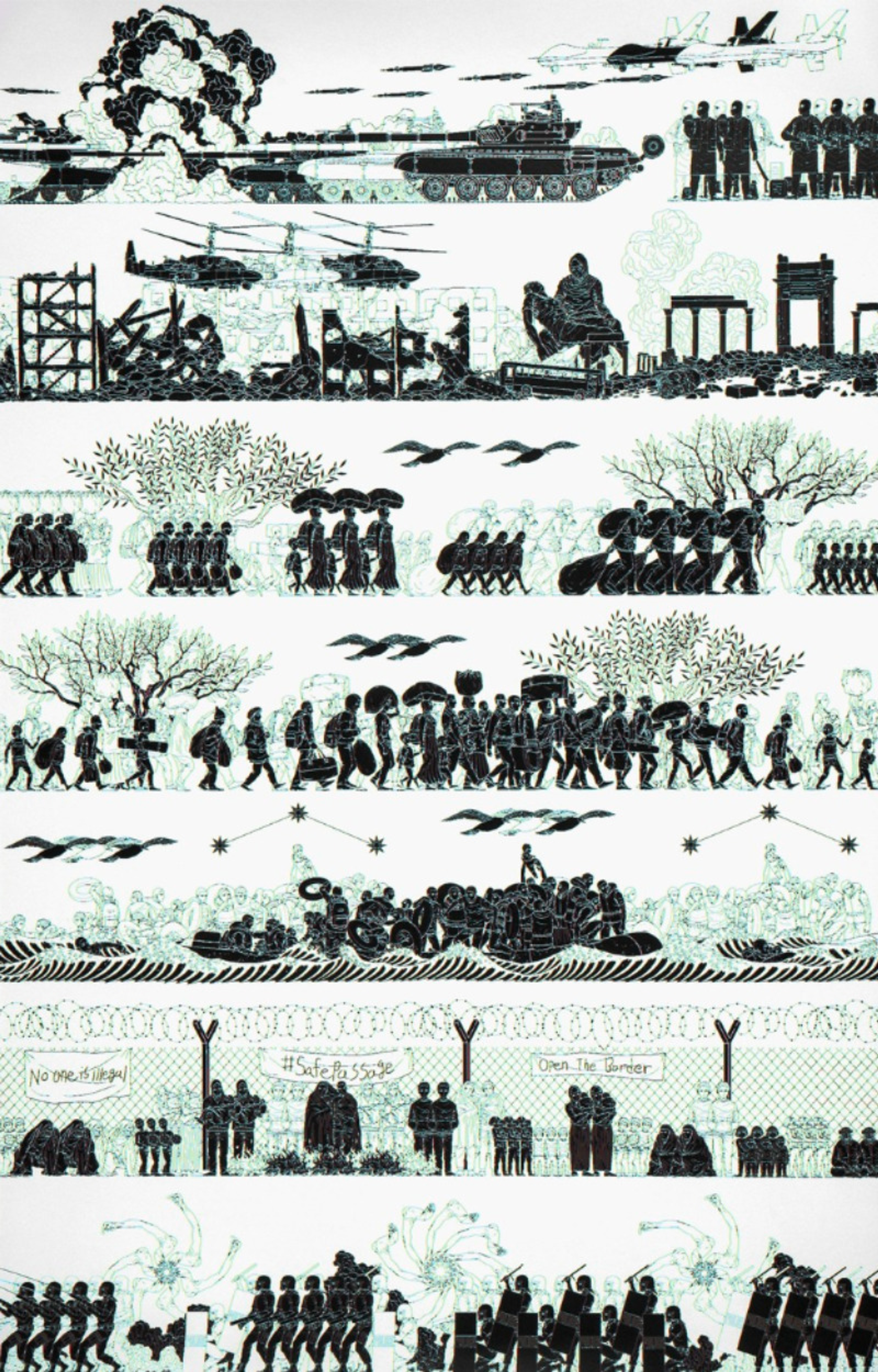 Sept rangées d'esquisses intitulées « Sketches A », en noir et vert, représentant des scènes de guerre et des réfugiés cherchant un abri.