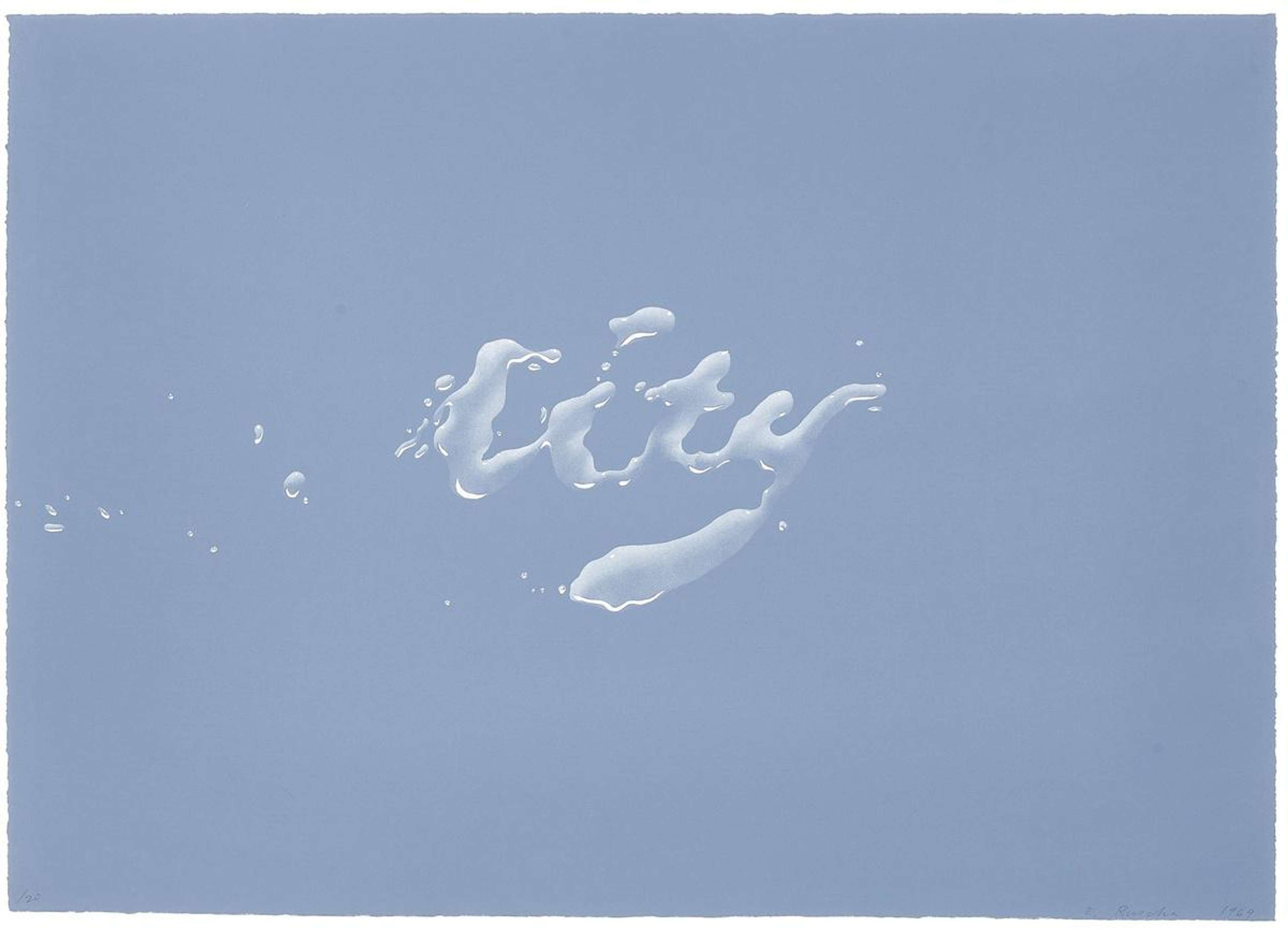 Lithographie d'Ed Ruscha représentant le mot « city », avec des caractères qui ressemblent à des éclaboussures d'eau. Le mot est d'un bleu clair, sur un fond bleu plus foncé, tirant sur le gris.