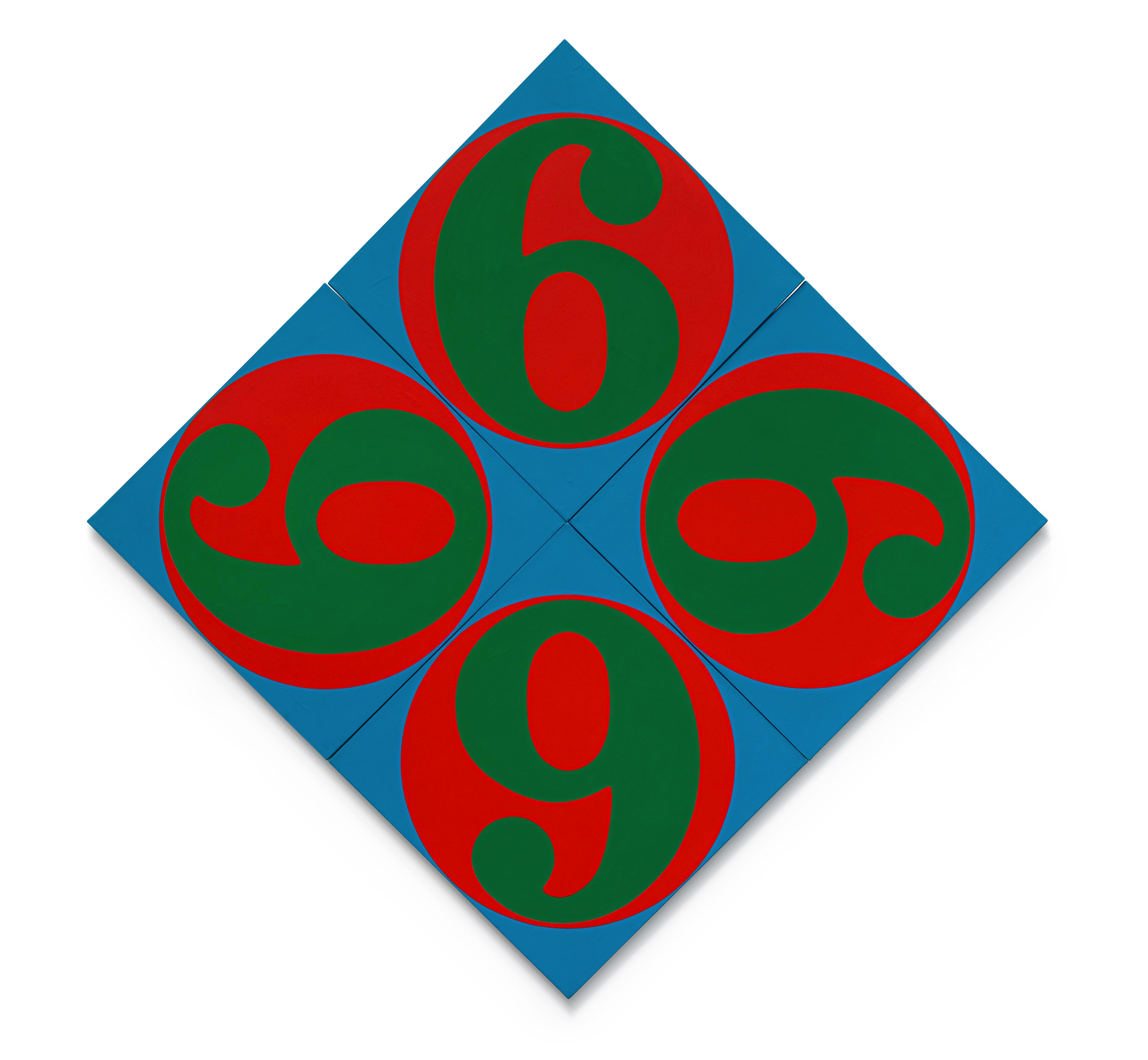Une image d'une œuvre de Robert Indiana. Elle représente « Four Sixes » réalisé en vert à l'intérieur d'un cercle rouge. Les cercles tournent dans la composition carrée, sur un fond bleu.