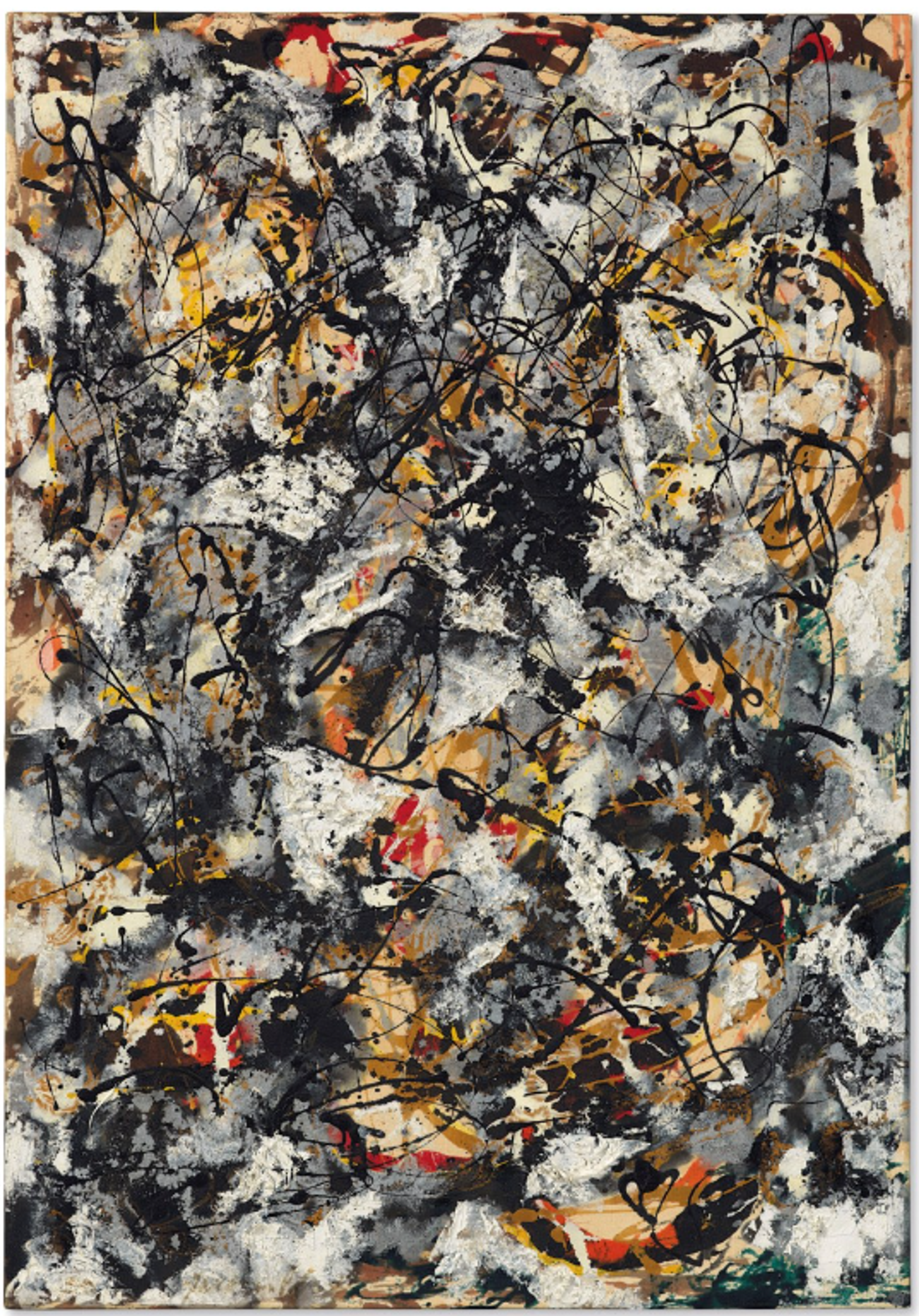 A rectangular canvas filled with a dense network of interlaced lines and splatters in earthy tones, with prominent red strokes standing out among the muted background.