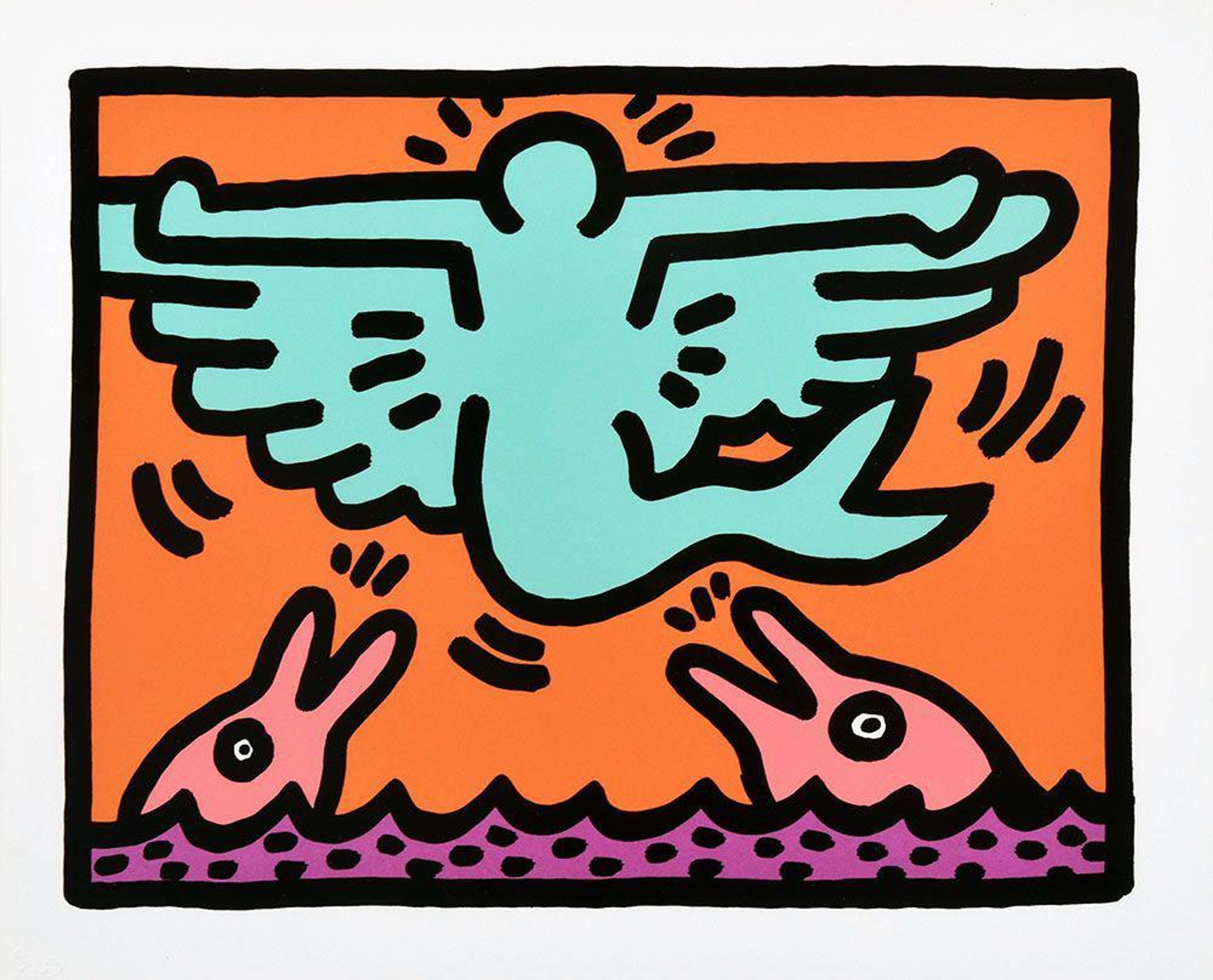 Sérigraphie Pop Art de Keith Haring : « Pop Shop V, Plate III ». On y voit une figure ailée et bleue dotée d’une queue de poisson survolant deux dauphins roses dans une mer rose.