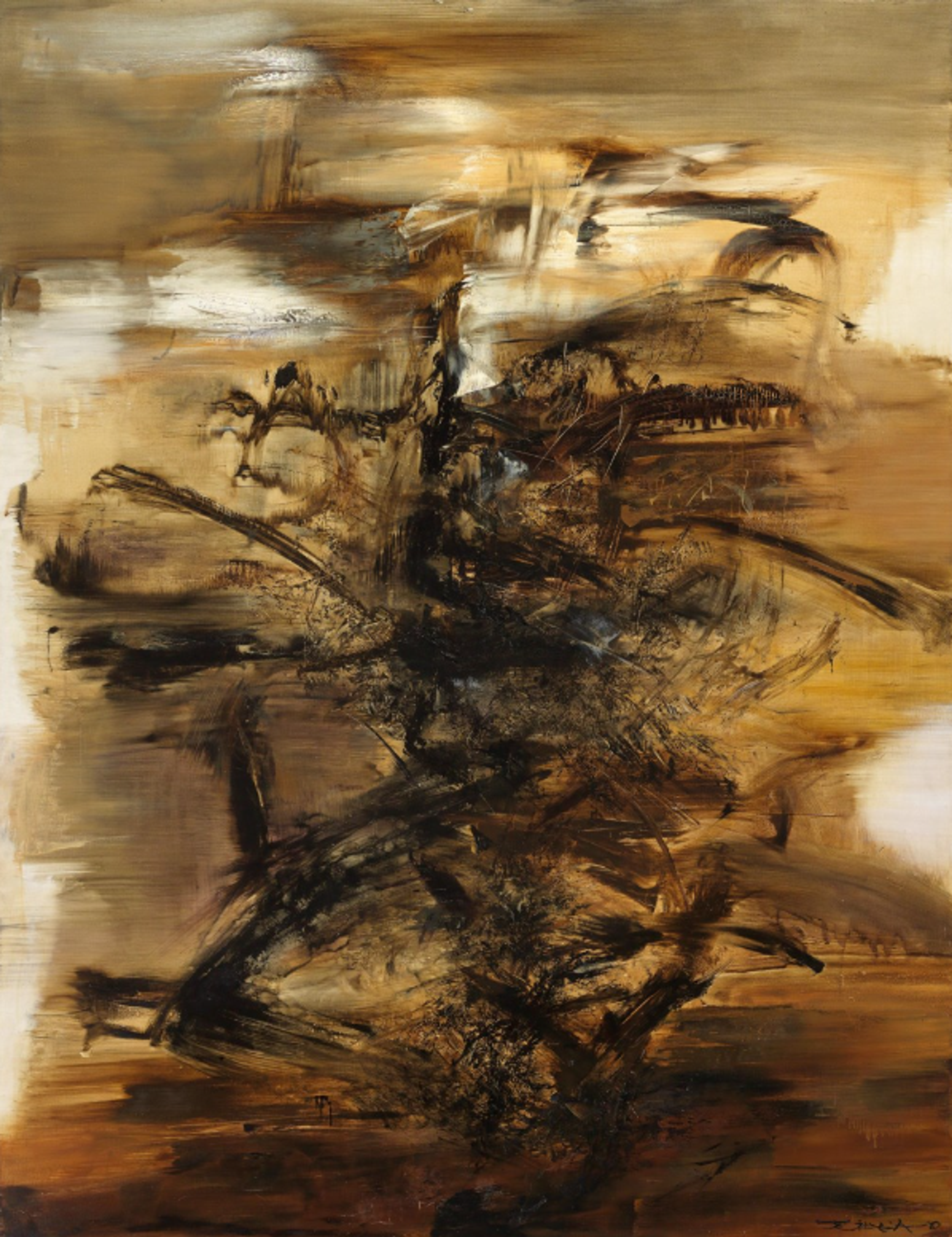 An abstract painting in golden-brown tones with dynamic black calligraphic marks. The composition features energetic brushwork creating a sense of movement and organic forms against a warm background.