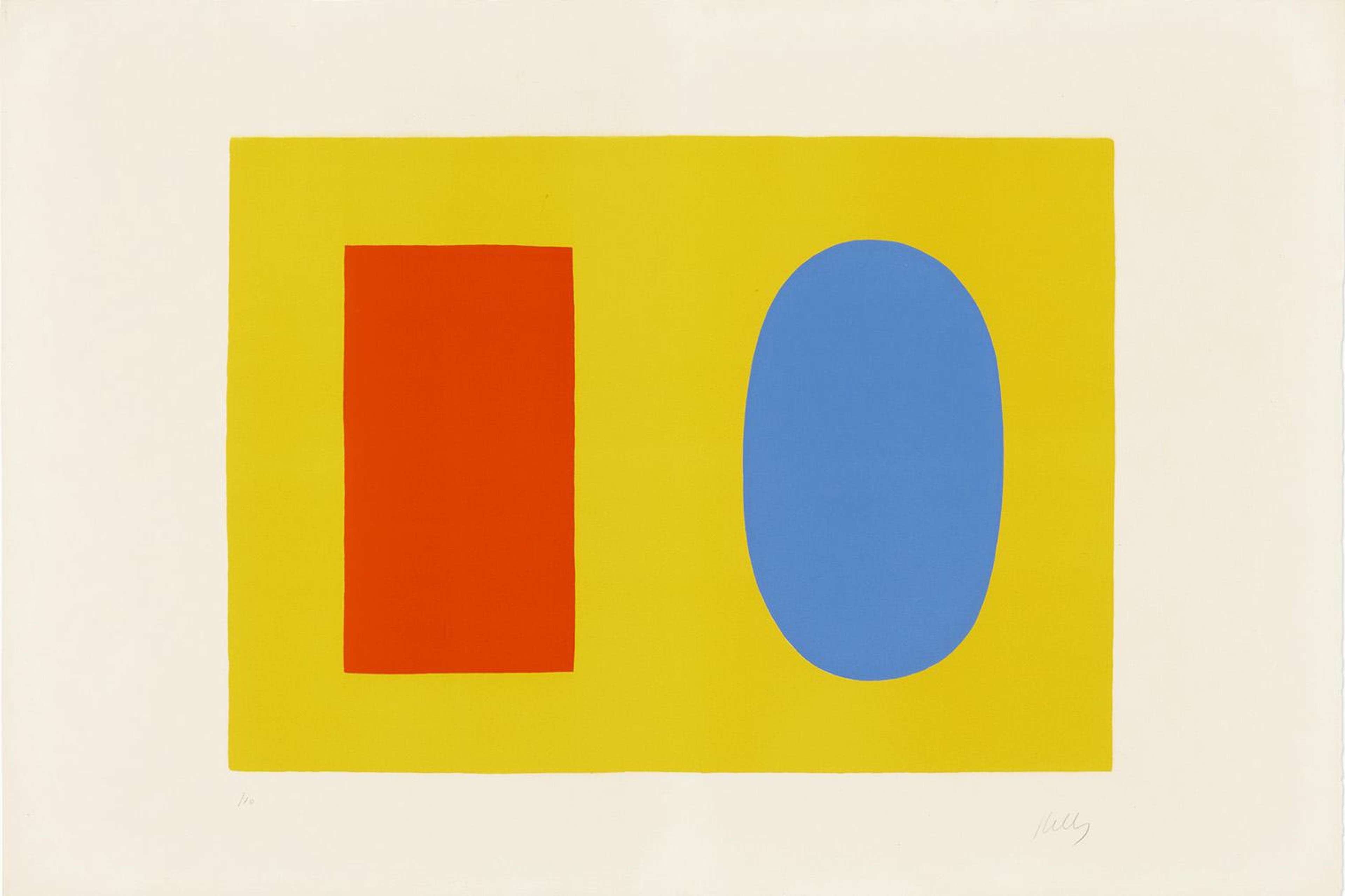 Une lithographie présentant un rectangle horizontal jaune central. Au-dessus, on trouve un rectangle vertical orange à gauche, et un ovale vertical bleu à droite. Les couleurs sont vives, saturées et plates.