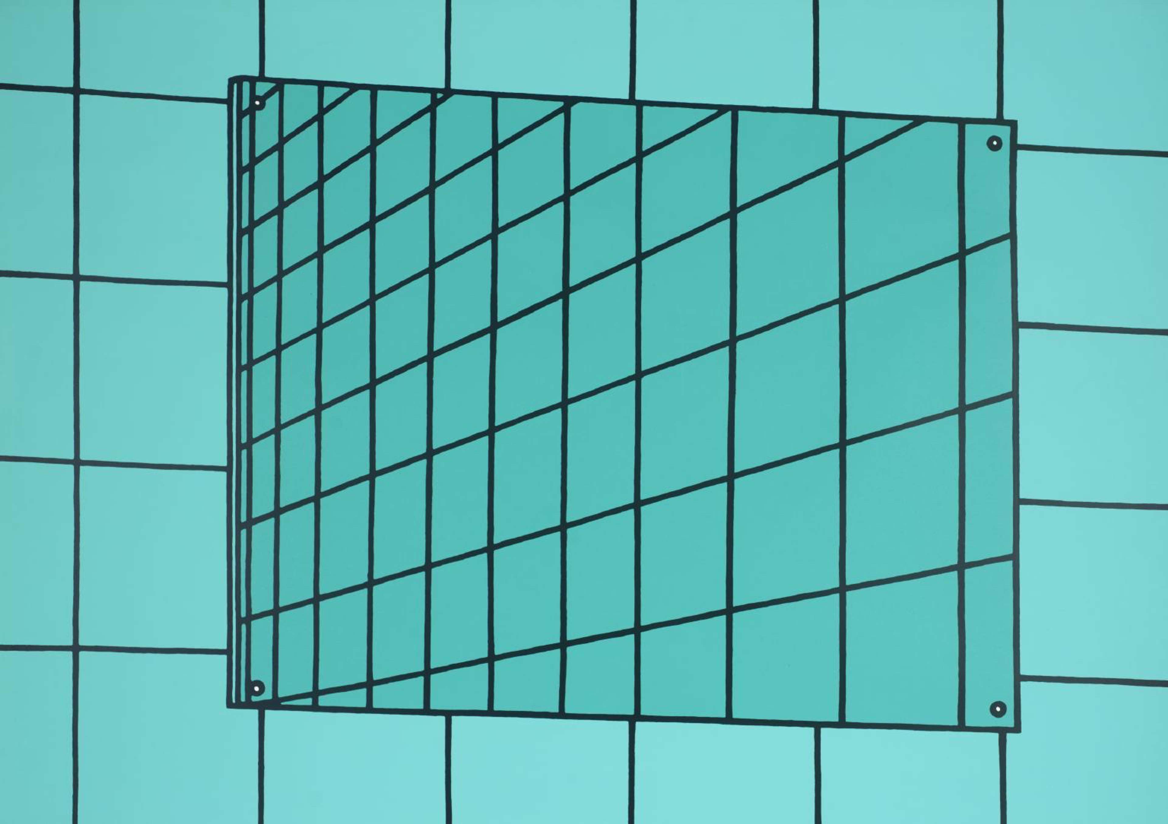 Une estampe de l'artiste Patrick Caulfield, représentant un miroir et des murs de salle de bain de couleur sarcelle, avec des carrés qui s'interposent pour former des carreaux.