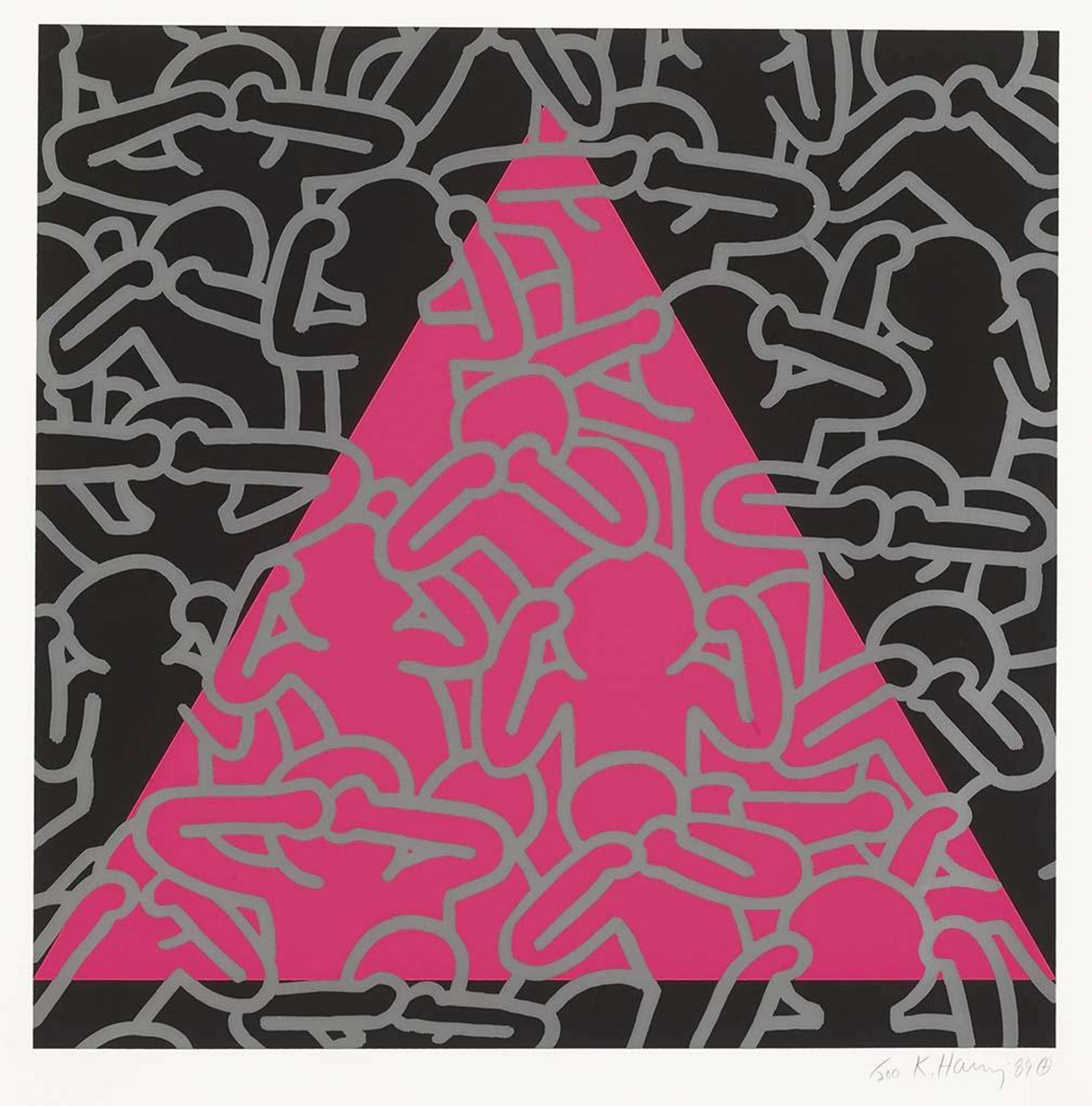 Screenprint by Keith Haring, titled Silence Equals Death, with silver line figures over a fluorescent pink triangle.
