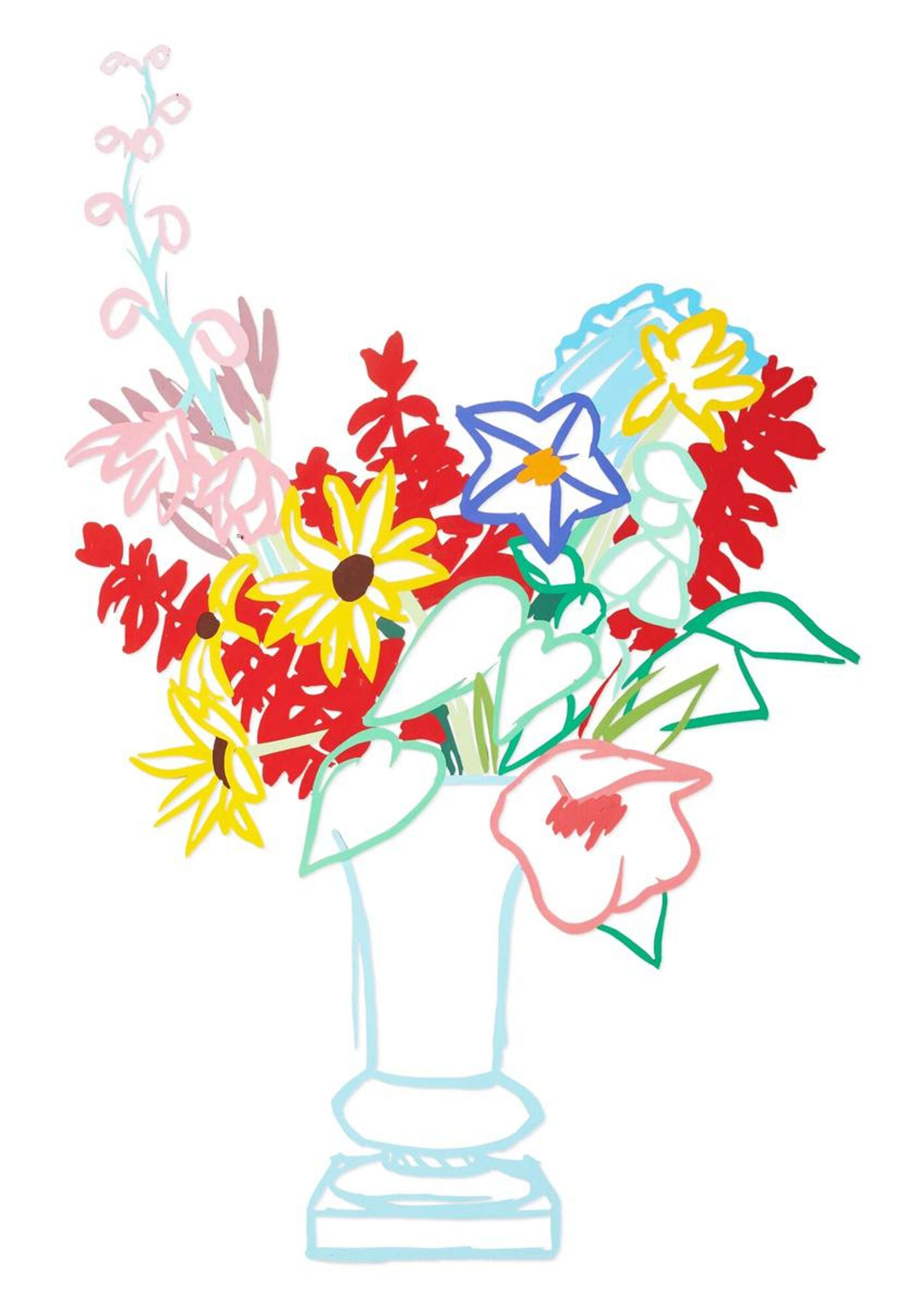Œuvre en métal découpée au laser représentant un bouquet de fleurs aux couleurs vives de l'émail.