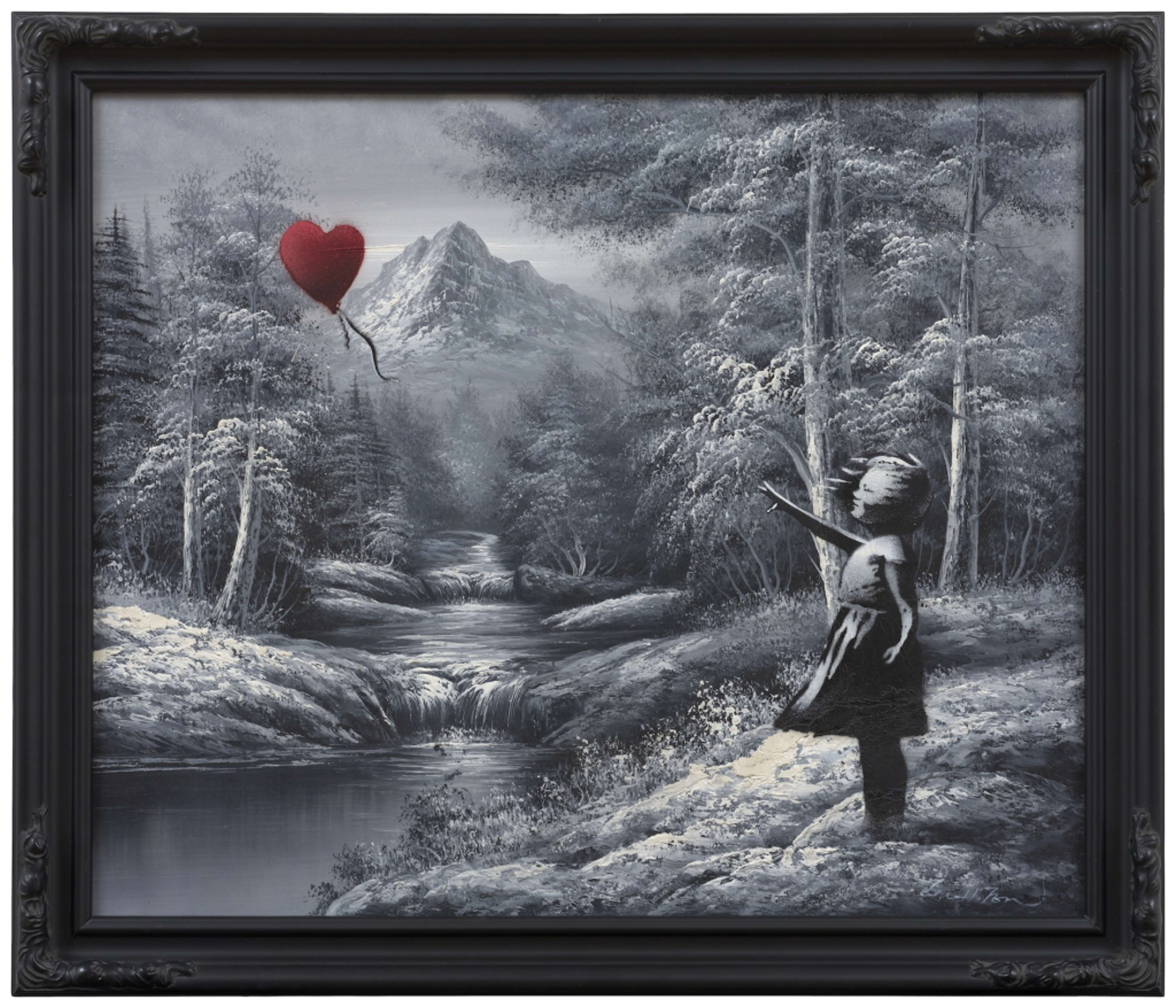 A painting by Banksy depicting a girl releasing a red heart balloon in a monochrome mountain landscape.
