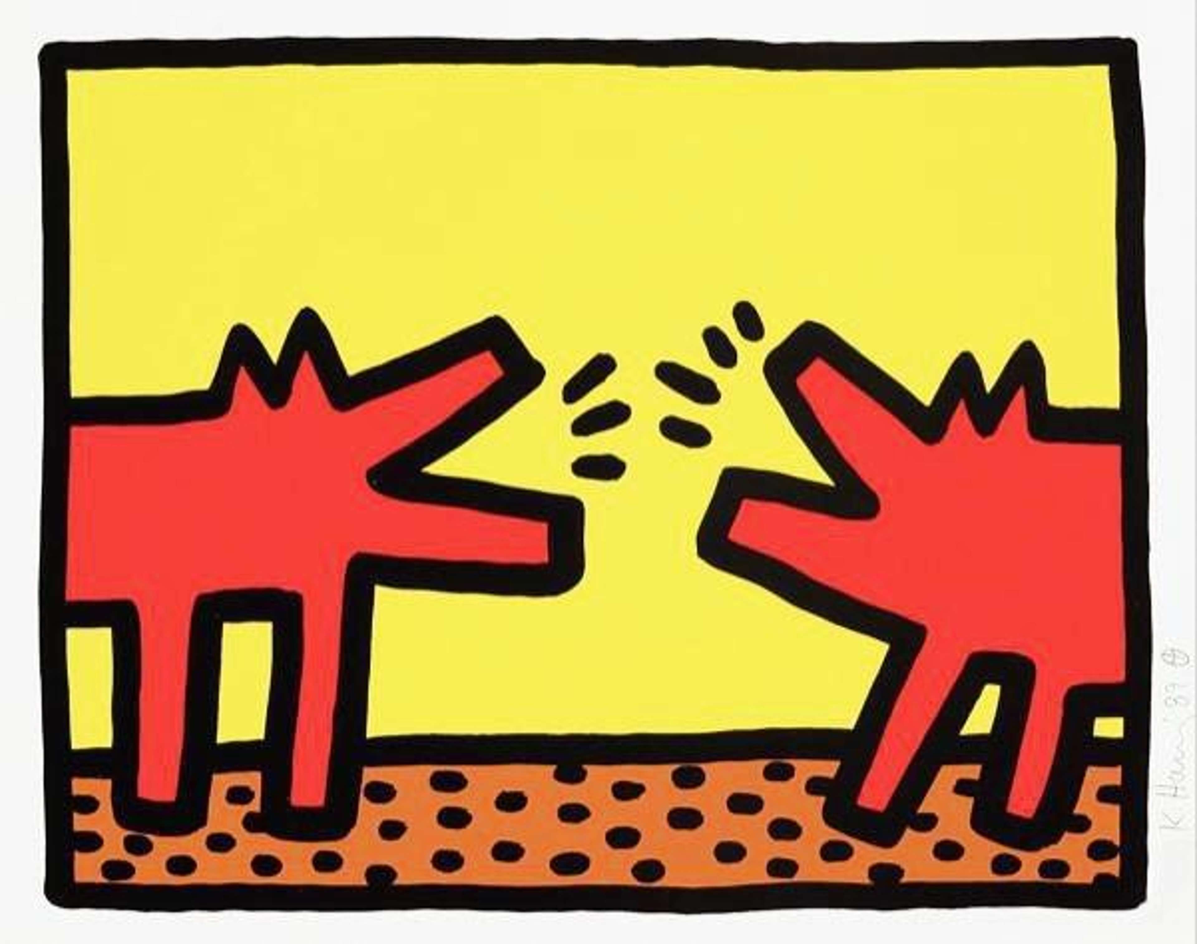 Keith Haring screenprint featuring barking dogs red and yellow background.