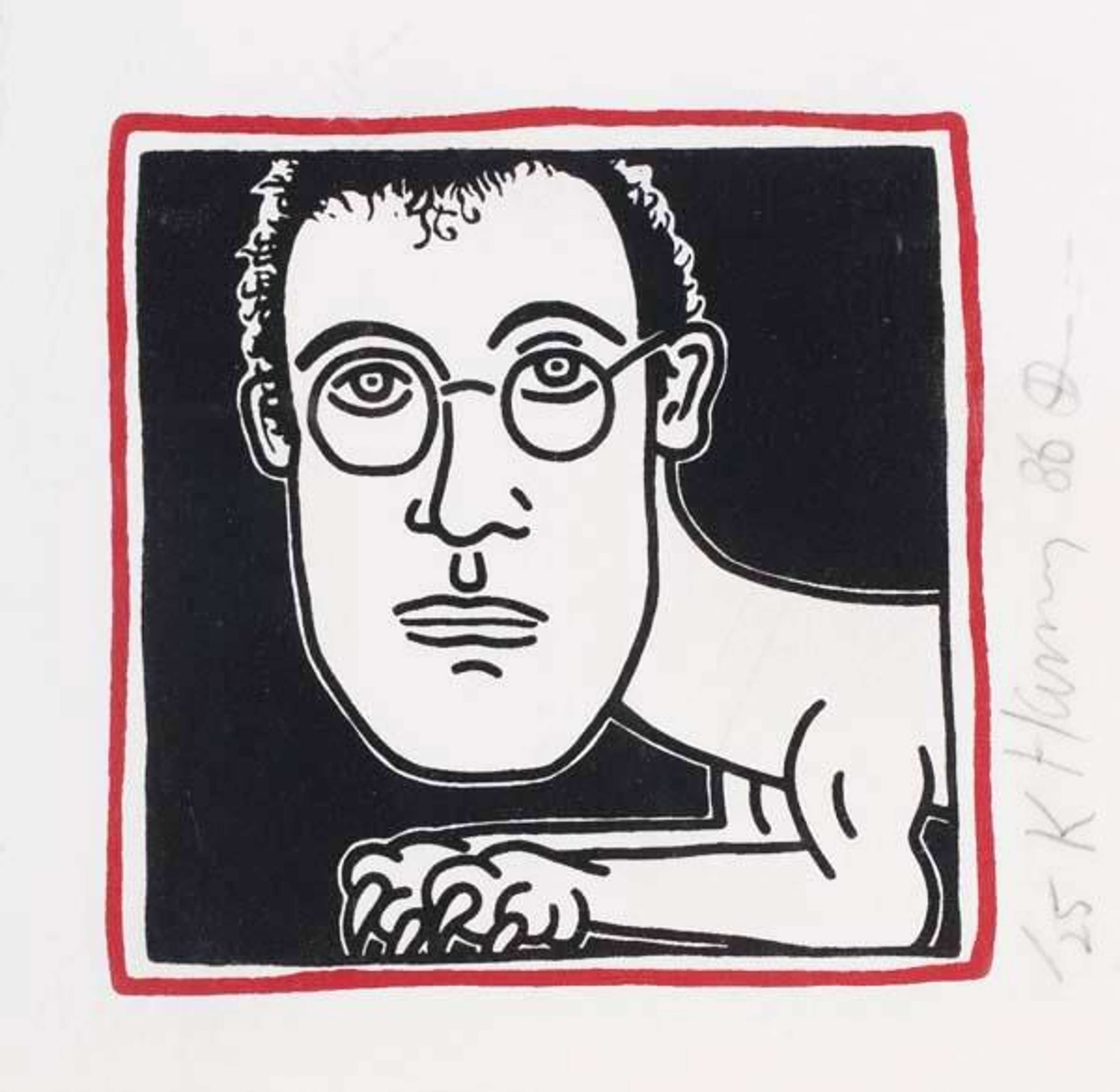 Une sérigraphie de Keith Haring représentant son autoportrait sous la forme d'un sphinx, se détachant sur un fond noir uni, encadrée par un trait rouge vif rappelant un crayon, qui constitue l'unique utilisation de la couleur dans l'œuvre.