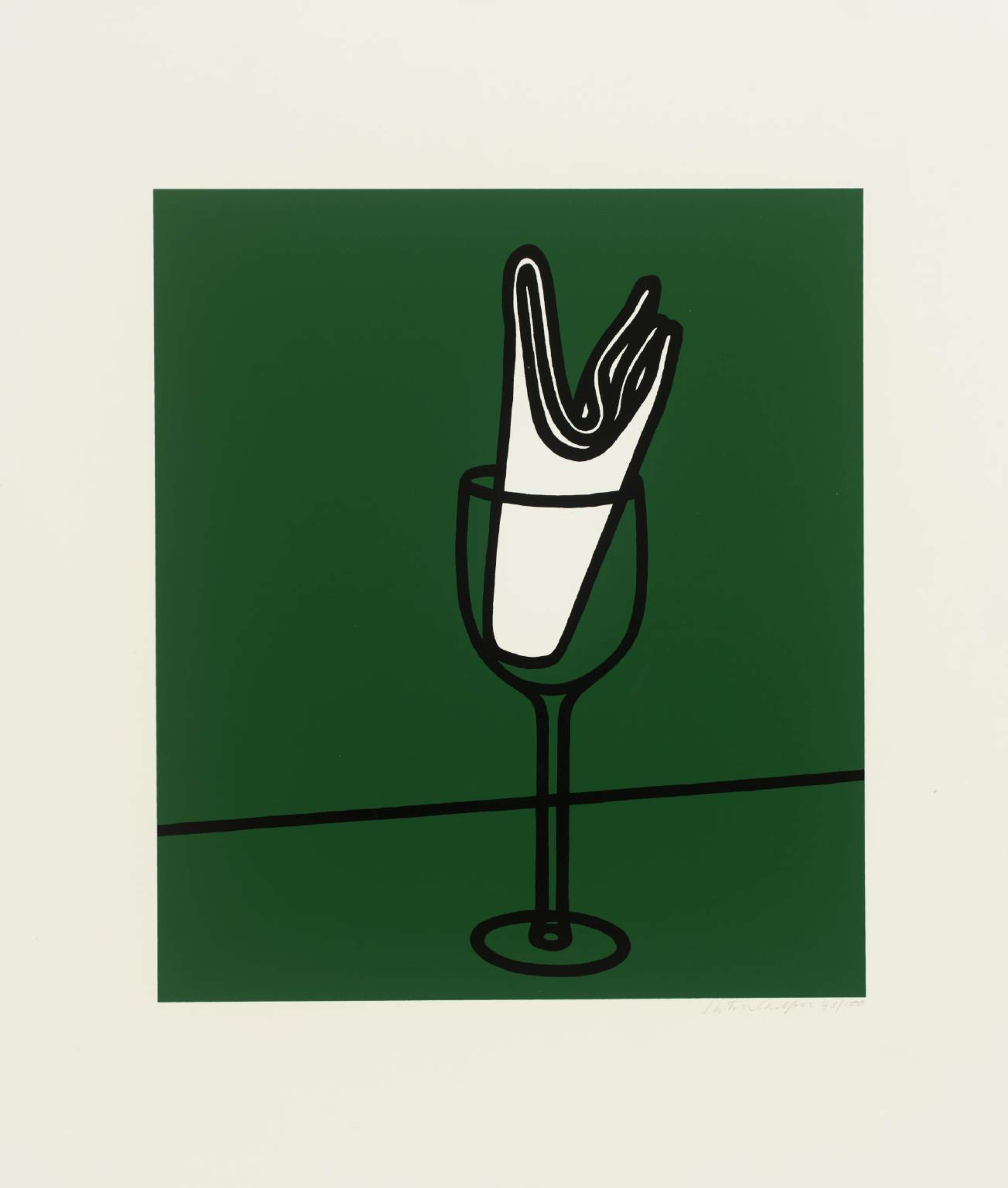 Une estampe de l'artiste Patrick Caulfield, représentant le contour d'un verre à vin contenant un mouchoir blanc sur fond vert.