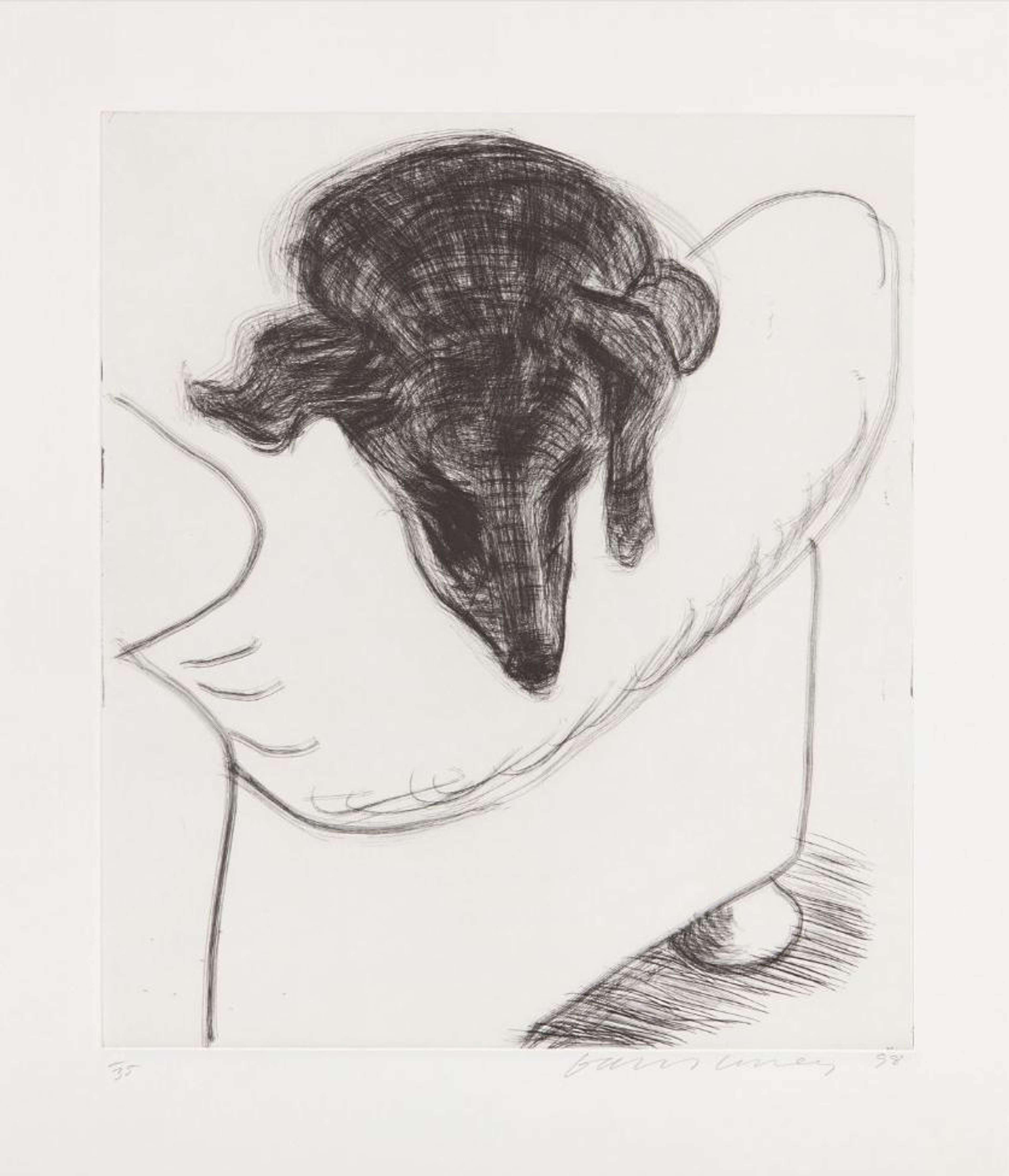 A black-and-white print of a dachshund gazing downward, its body outlined in fine etched lines against a pale ground.