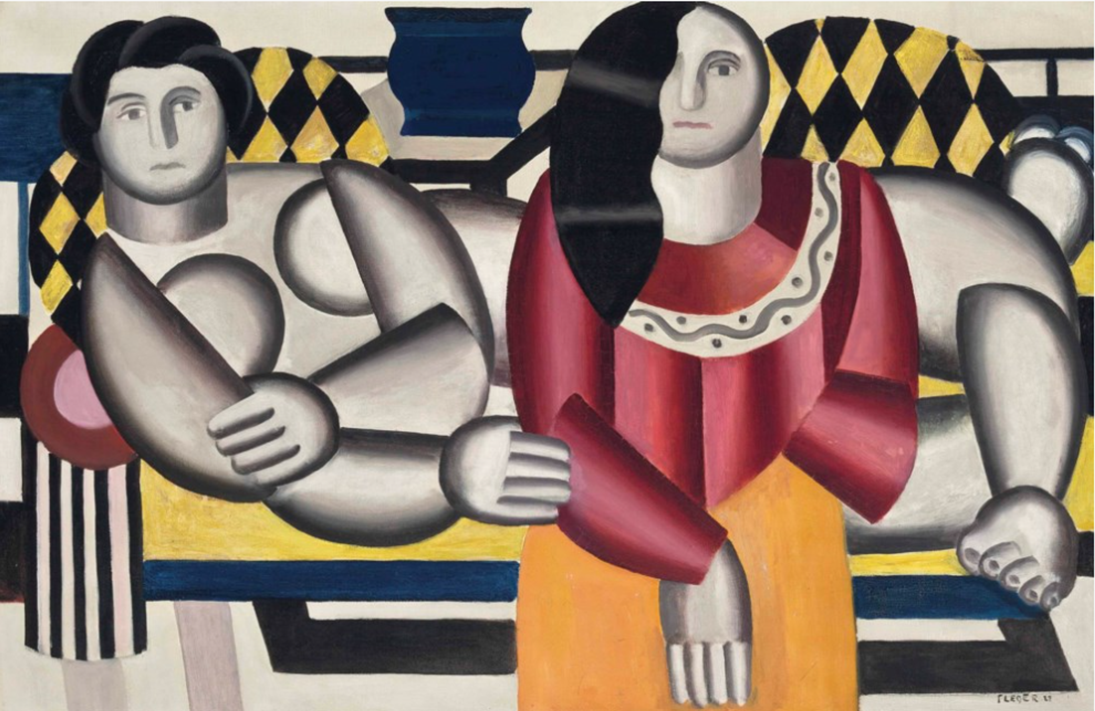 A cubist painting featuring two stylised human figures with simplified, rounded forms, appearing to recline on a couch or sofa. The figure on the right wears a prominent red garment. Both figures have round mask-like faces with minimal features. Shadows on each person and object are simplified, creating a very flat effect. The background contains flat geometric patterns in black, yellow and white.
