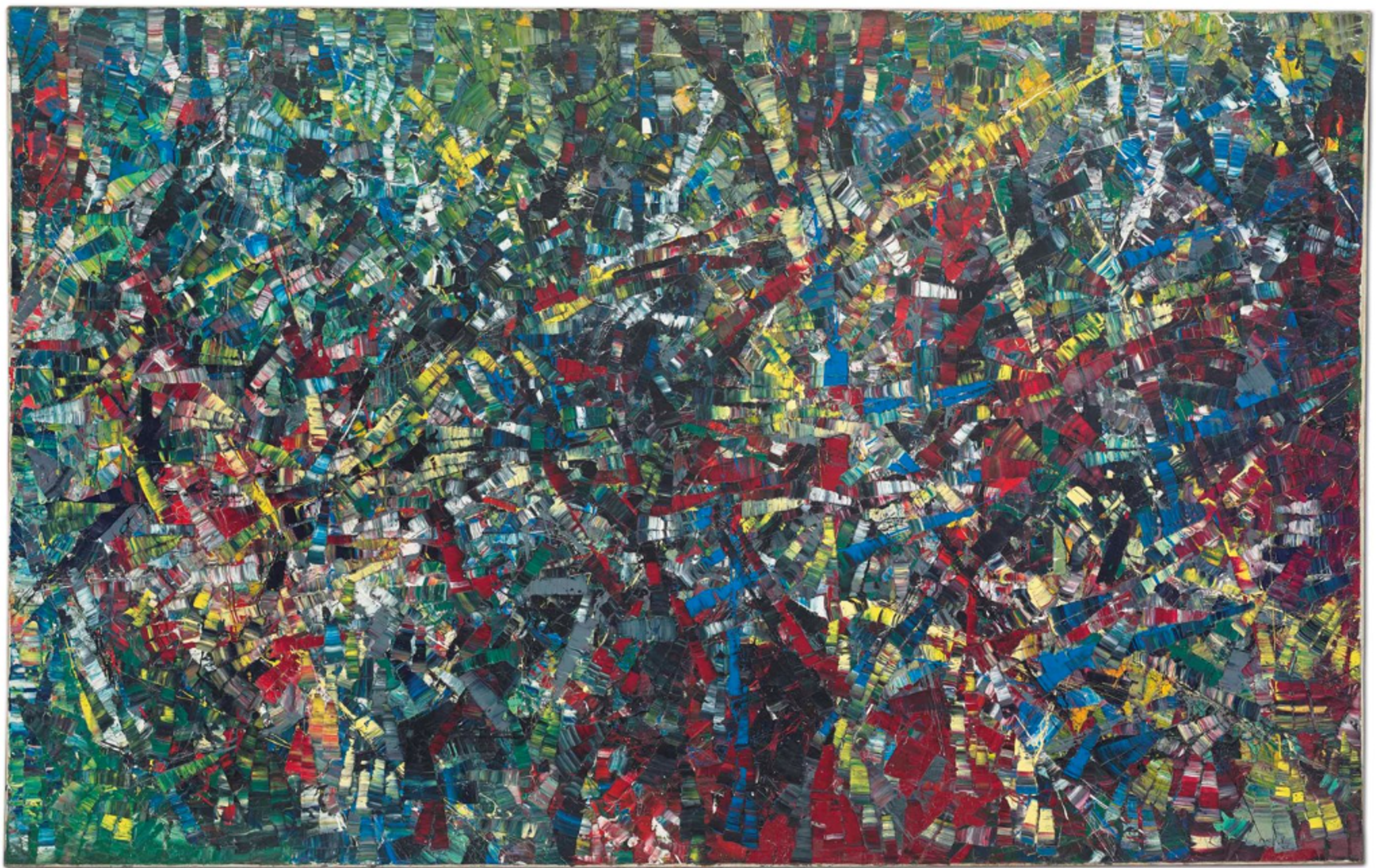 A textured abstract composition dominated by blues, greens, and blacks with sections of white and accents of red. Paint applied in mosaic-like pattern with palette knife strokes creates a complex surface. Overlapping colour segments reveal various greys where they meet, producing depth across the canvas.