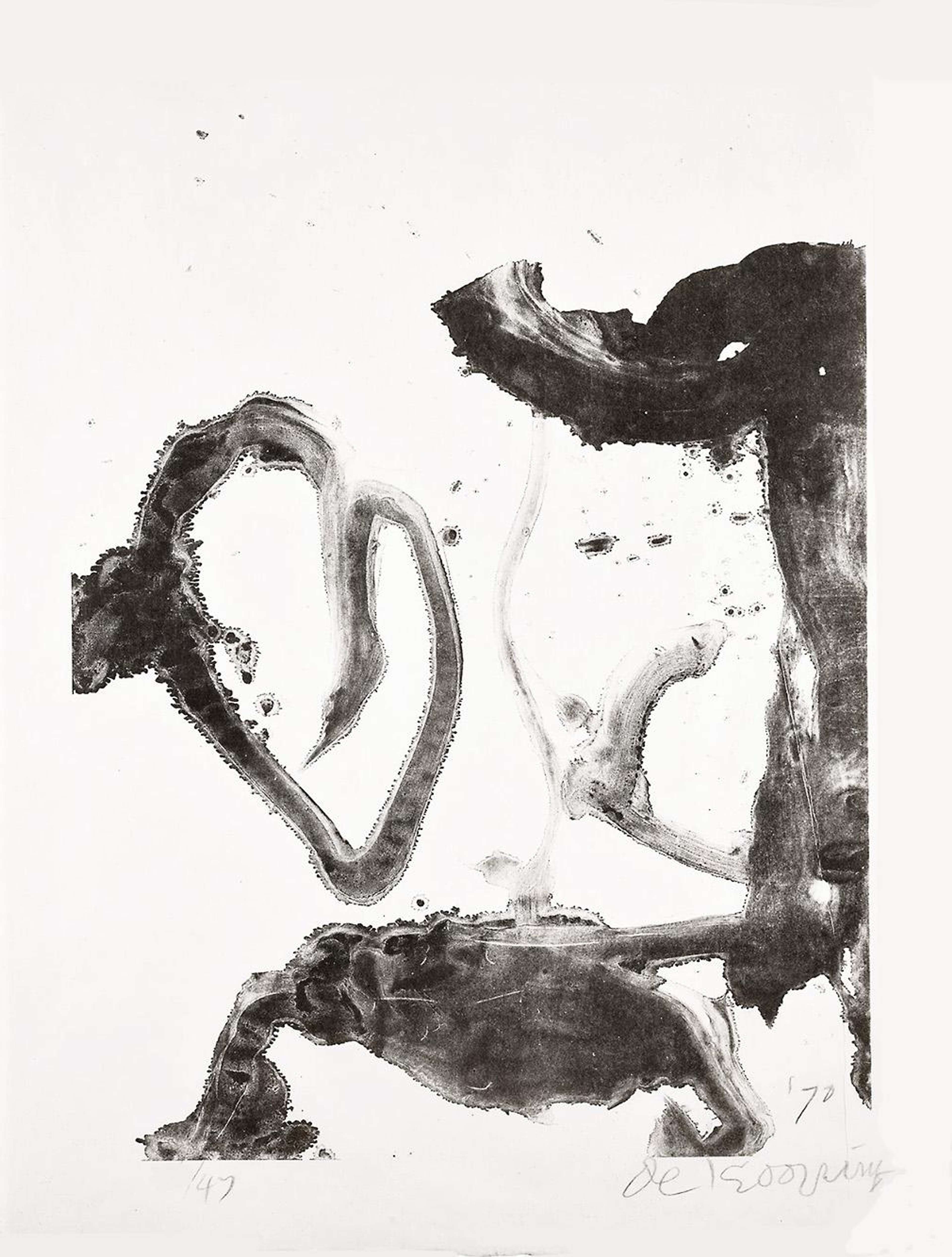 Une estampe abstraite composée de lignes noires, semblables à de l'encre, sur un fond blanc. Les lignes situées à gauche rappellent la forme d'un cœur.