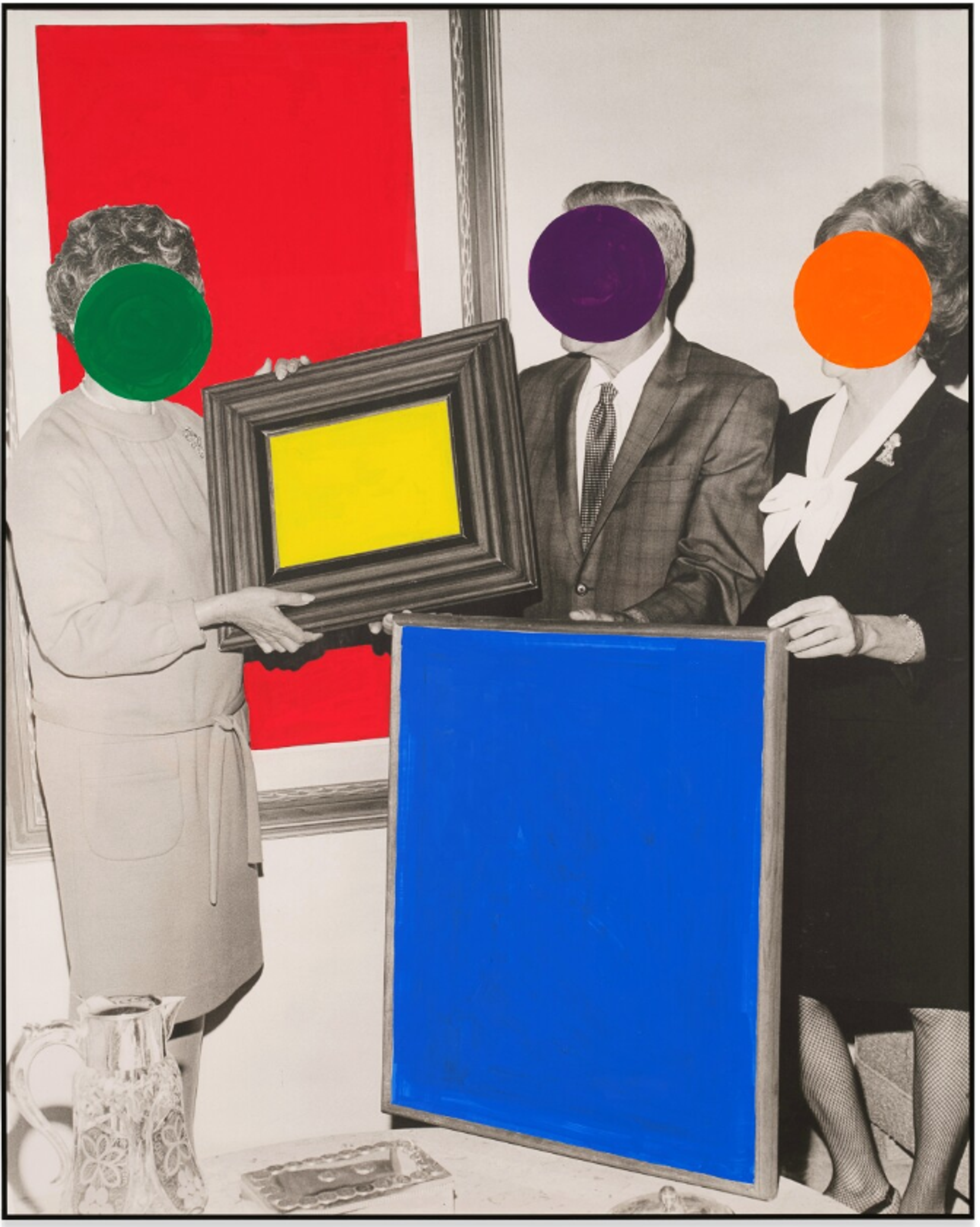 A black-and-white photograph of three smartly-dressed figures. They hold two artworks, their subjects obscured by yellow and blue rectangles, and another artwork, obscured by a red rectangle, hangs behind them. Their faces are obscured by green, purple, and orange dot s.