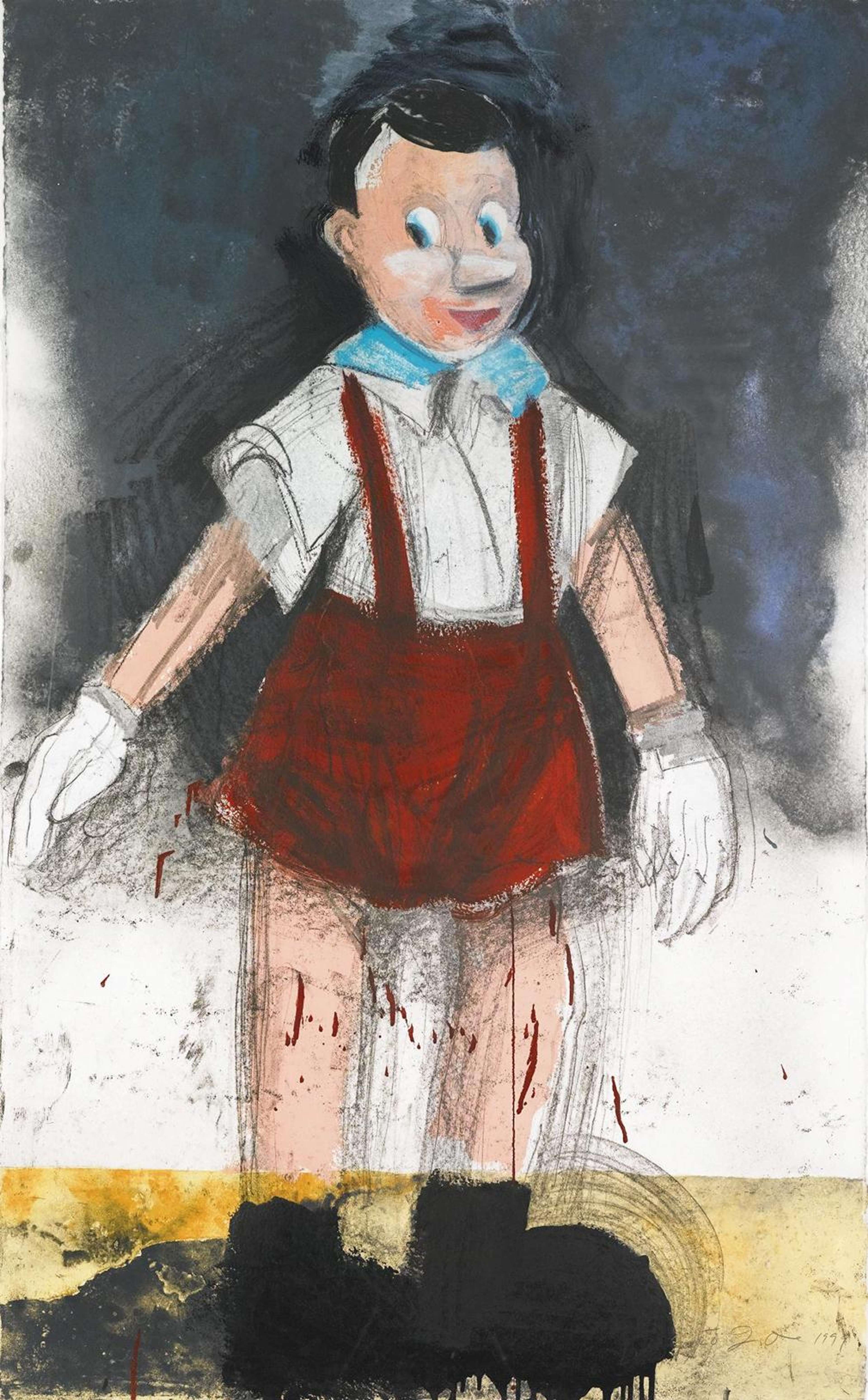 Une estampe représentant Pinocchio dans son short rouge emblématique et ses bretelles. Le style est expressif, brut et texturé, avec des lignes griffées et des couleurs estompées.